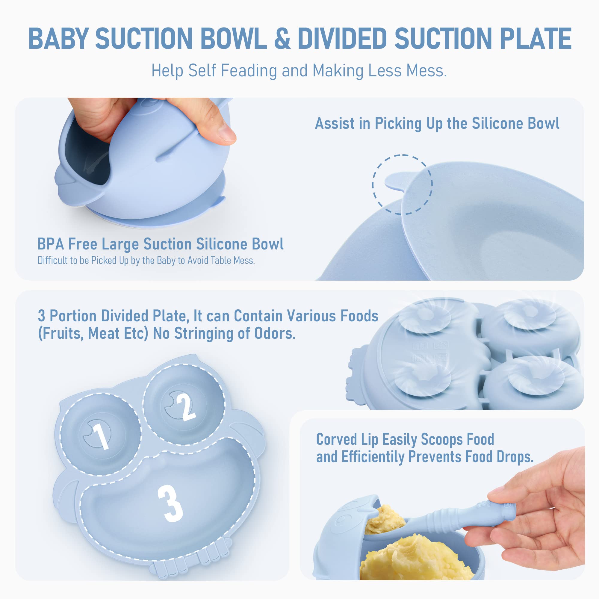 Bnditeu Baby Weaning Set, Silicone Baby Feeding Set(10 Pcs), Toddler Weaning Set with Adjustable Bib, Suction Bowl, Plate, Fork,