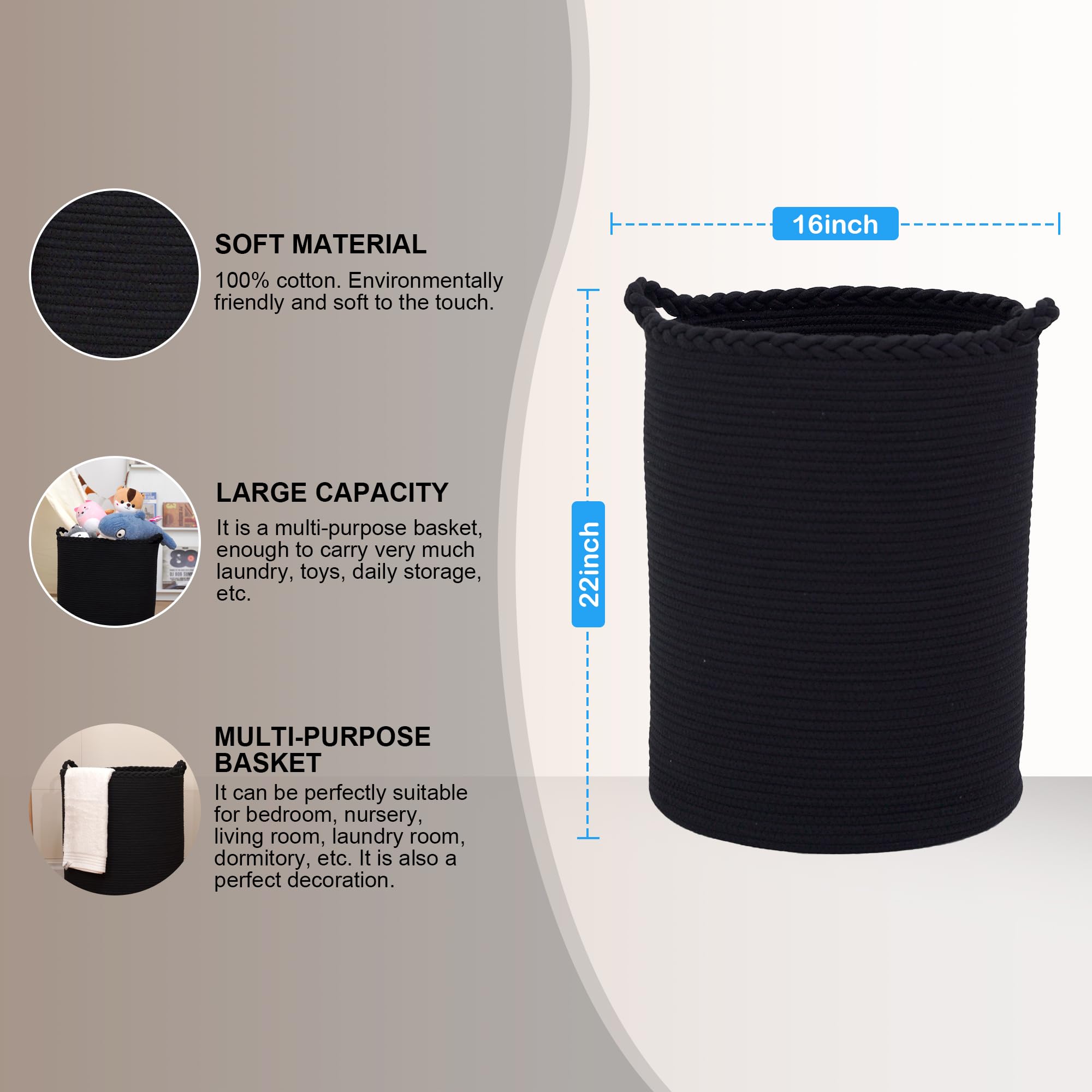 Homlikelan 72L Woven Laundry Basket,Cotton Tall Laundry Hamper For Blankets,Clothes,Pillows,Toys,Shoes Large Laundry Bin Black