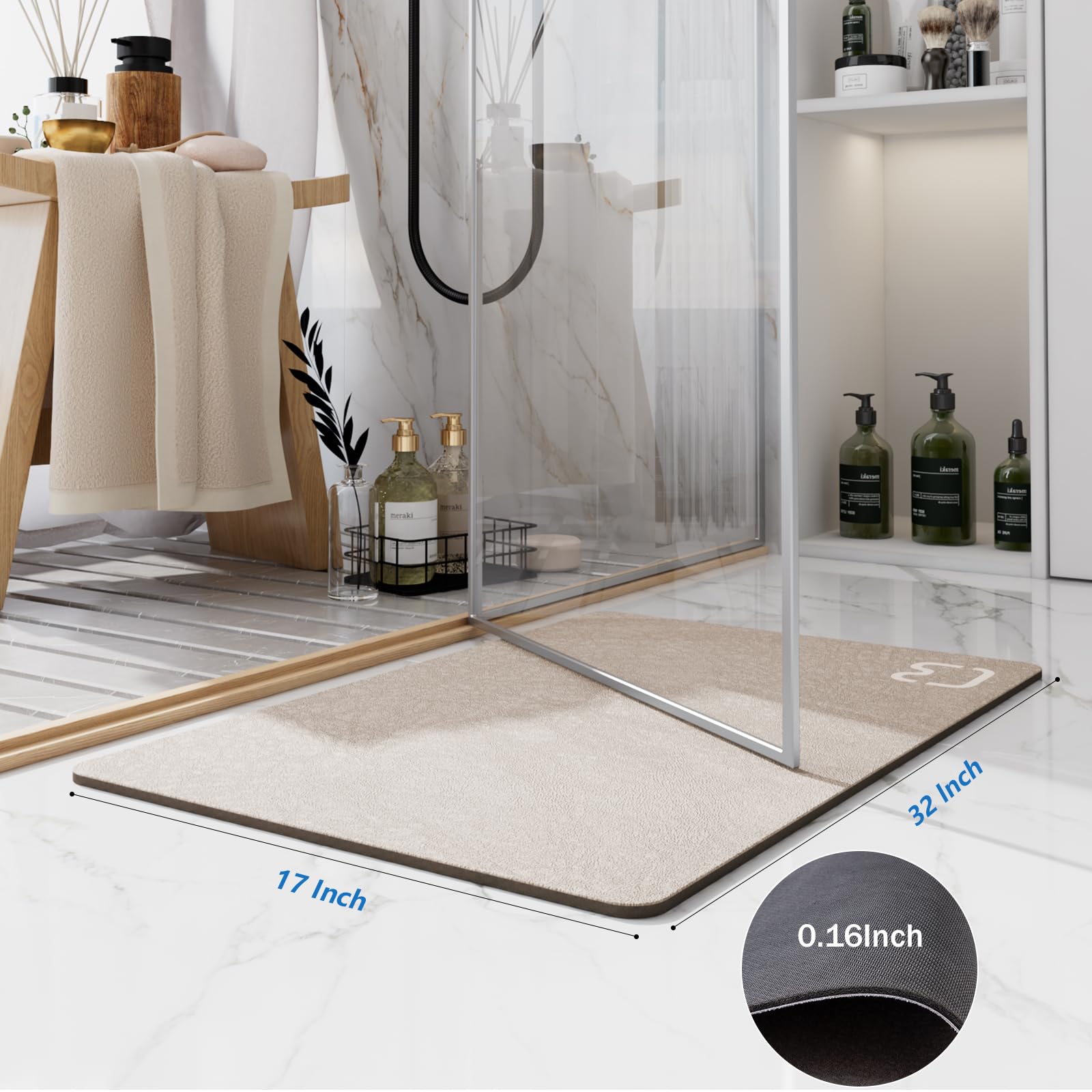 Taupe Bath Mat Rugs 17 X 32 - Quick Dry Super Absorbent Diatomaceous Earth Bath Mat Non Slip Rubber Bottom Thin Bathroom Mat Fit