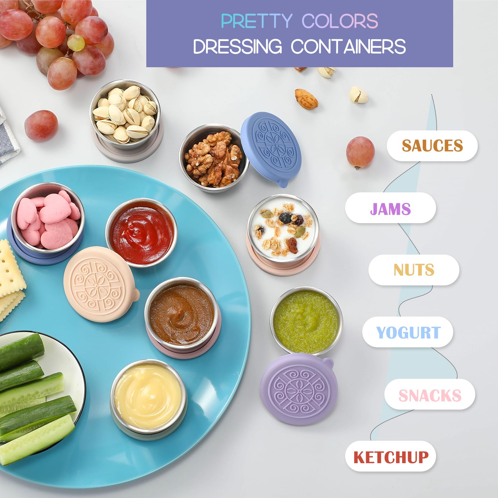 [6 Pack] Salad Dressing To Go Containers, 1.6 Oz Small Stainless Steel Sauce Cups With Leakproof Silicone Lids, For Lunch Boxes,