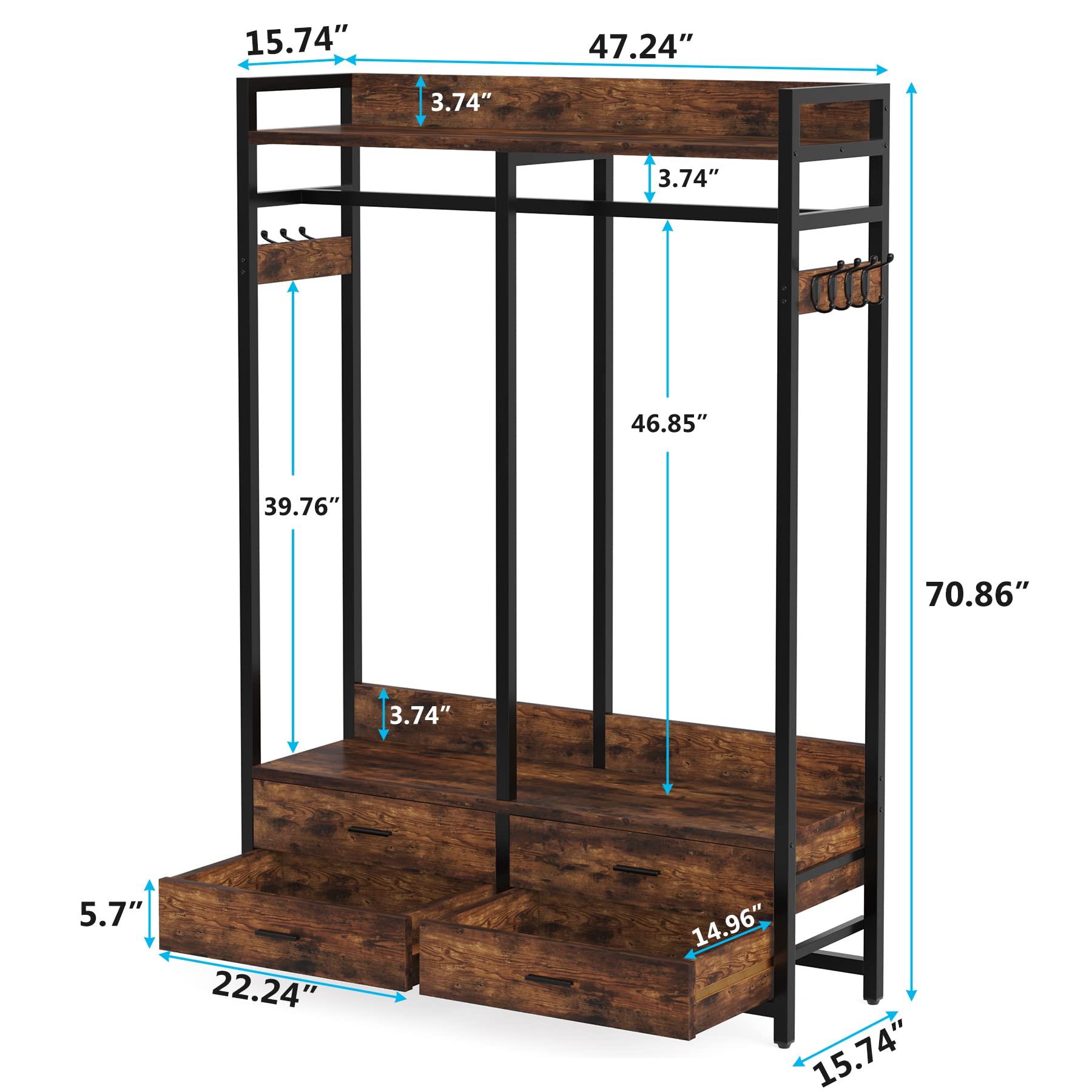 Tribesigns Freestanding Closet Organizer For Hanging Clothes, Heavy Duty Garment Rack With 4 Drawers, 8 Hooks And Storage Shelve