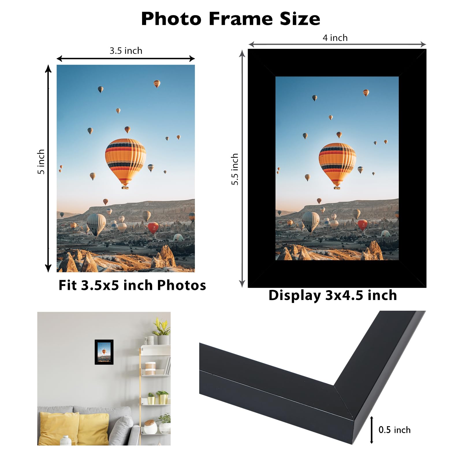 JCJMY 3.5x5 Picture Frame Black for Wall or Tabletop, 3.5 x 5 Wall Gallery Poster Photo Frame with Shatter Resistant Plexiglass,