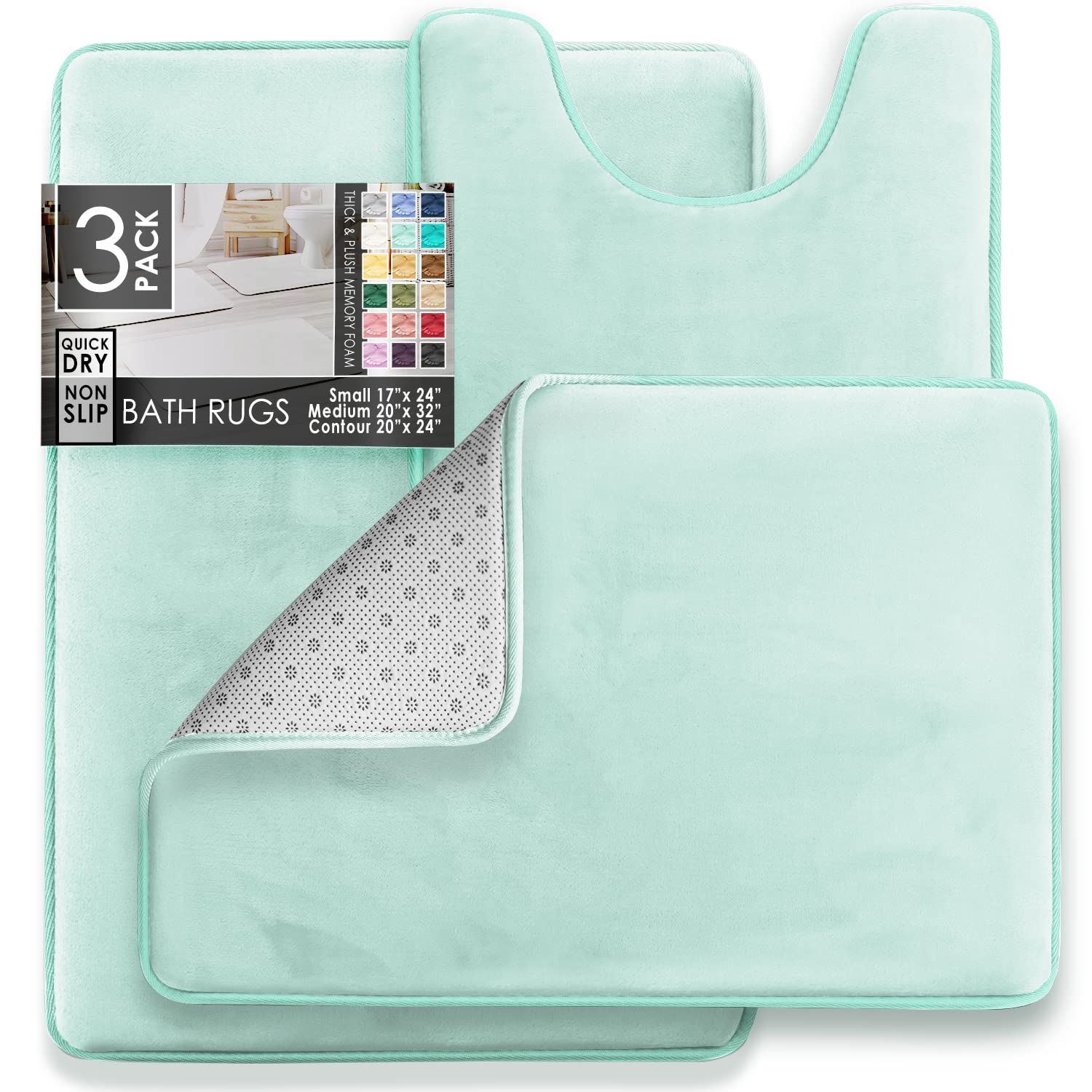 Clara Clark 3 Piece Bathroom Rugs Bath Mat Set  Velvet Memory Foam Bath Mats for Bathroom - Non-Slip  PVC Backing Bath Rugs  Washable Bathroom Rug Mats - Dries Quickly  Soft Blue Bathroom Rug Set