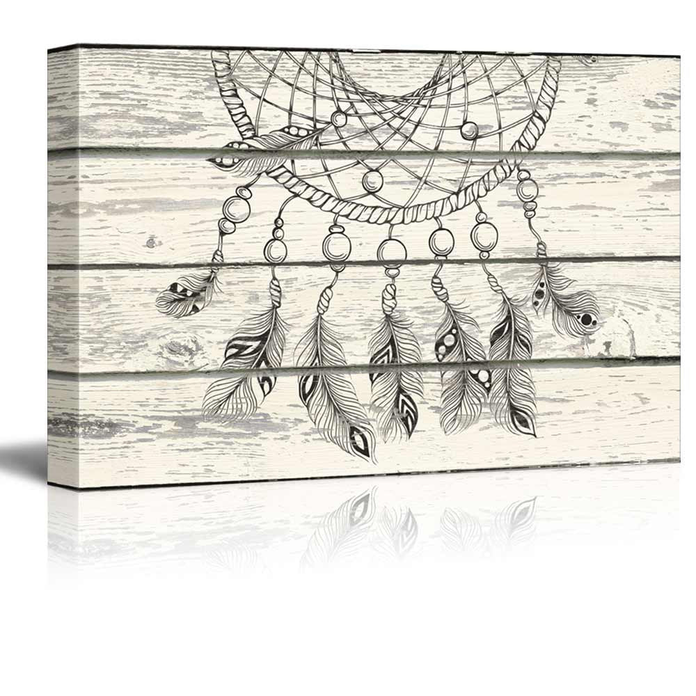 Wall26 - Dream Catcher Hanging Down On A Wooden Background - Canvas Art Home Art - 16X24 Inches