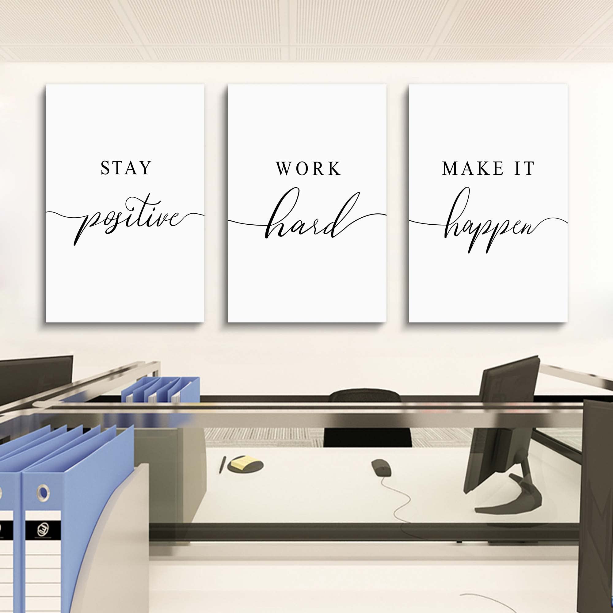 Framed Canvas Wall Art Positive Quotes Painting, Office Wall Art, White Large Poster, Positive Motivational Set Of 3 Prints, Wor
