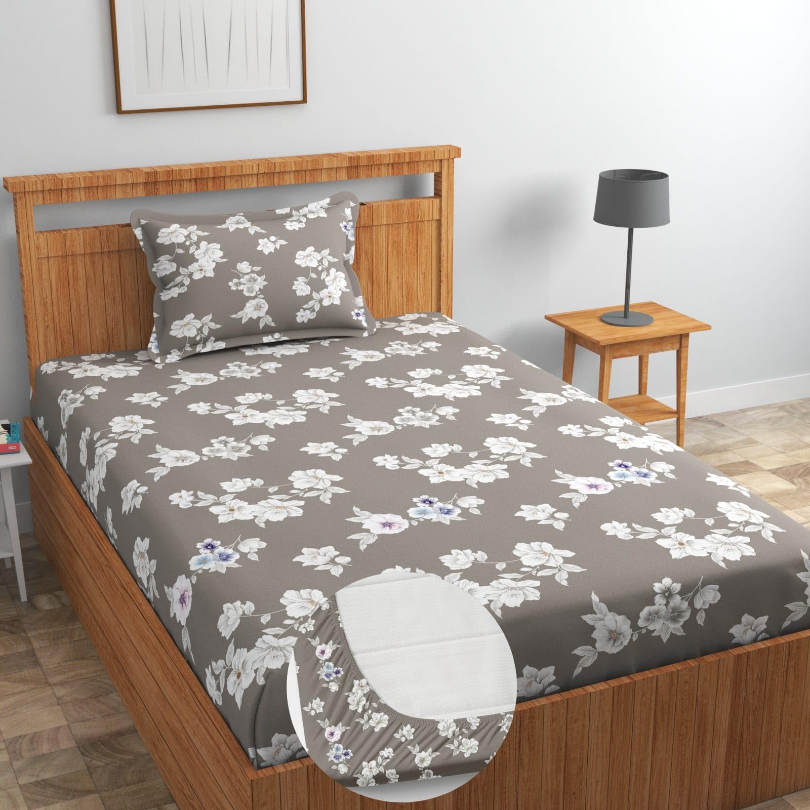 Vintage Threads 220TC Glace Cotton Elastic Fitted Bedsheets Single Bed 36x72 Inches with 1 Pillow Cover | Single Bed with All 
