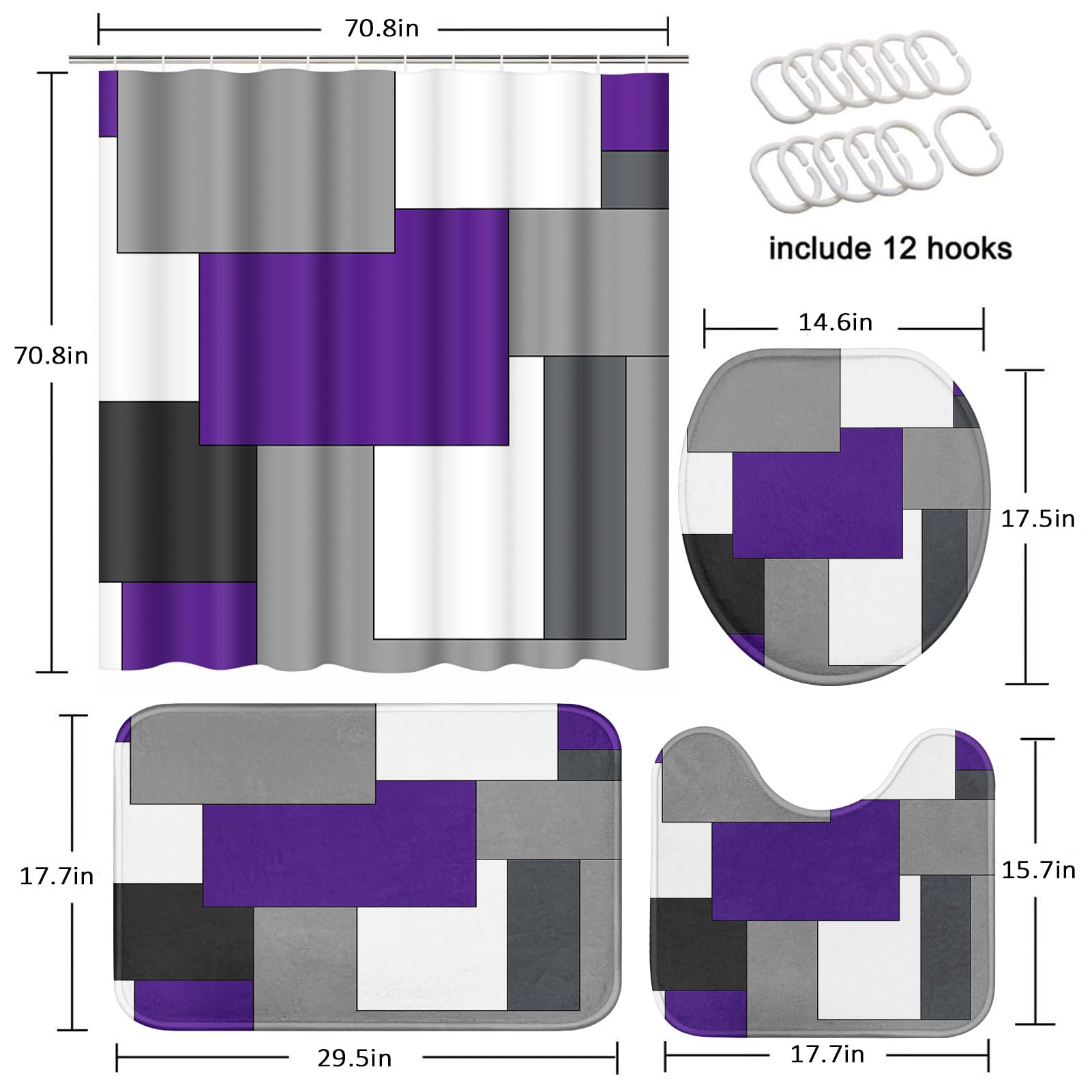 Tayney Purple Geometric Shower Curtain Set With Toilet Lid Cover And Non-Slip Rugs For Bathroom, Grey Black White Checkered 4 Pc