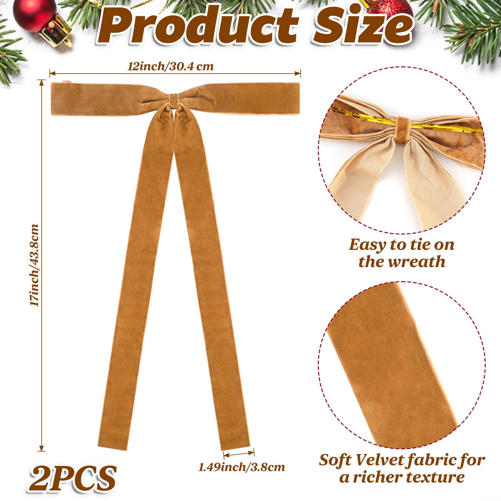 HEAEUNK 2 Pcs Large Camel Velvet Christmas Bows, 12x17 Christmas Velvet Bows for Tree, Swag Bows for Mantel, Front Door, Stair R