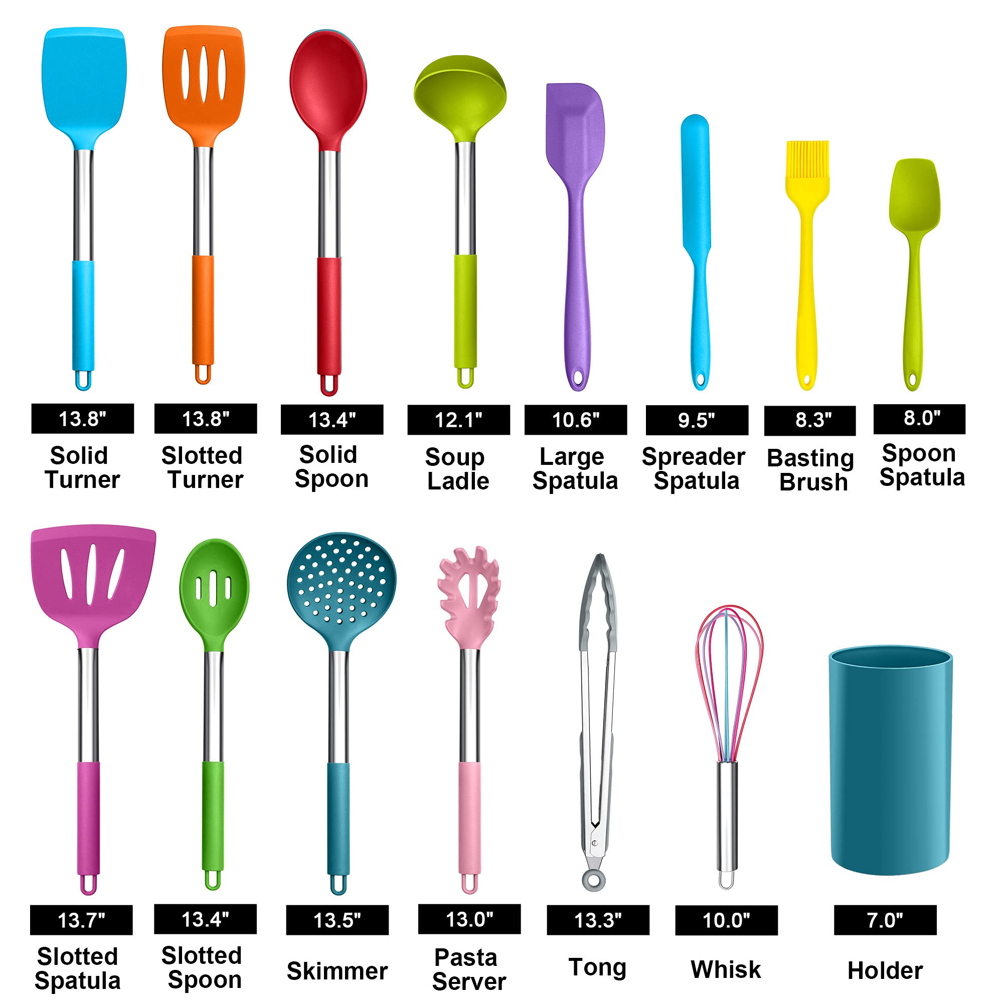 LIANYU 15-Piece Kitchen Cooking Utensils Set with Holder  Silicone Kitchen Tools Stainless Steel Handle  Slotted Spatula Spoon Turner Tong Whisk Brush for Cooking  Colorful
