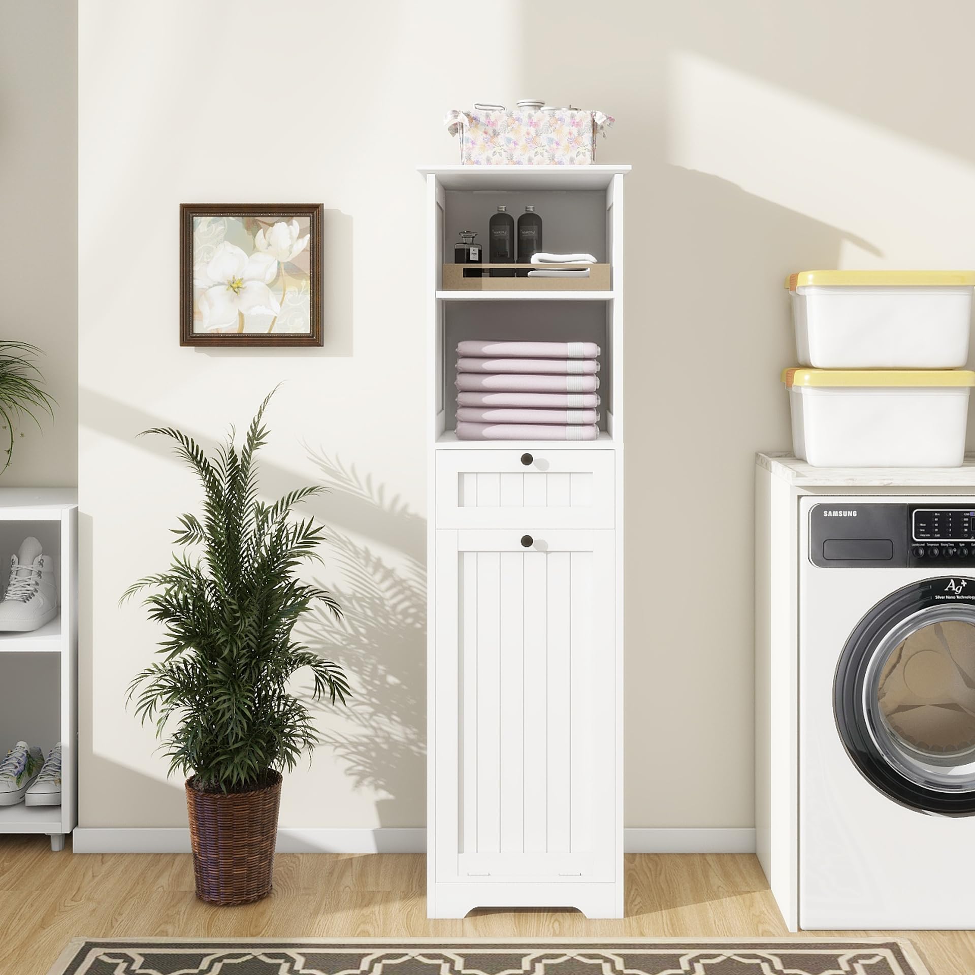 Oqsc Tall Tilt Out Laundry Room Cabinets And Storage With Hidden Removable Basket, Pull Out Laundry Cabinet Hamper With Door And