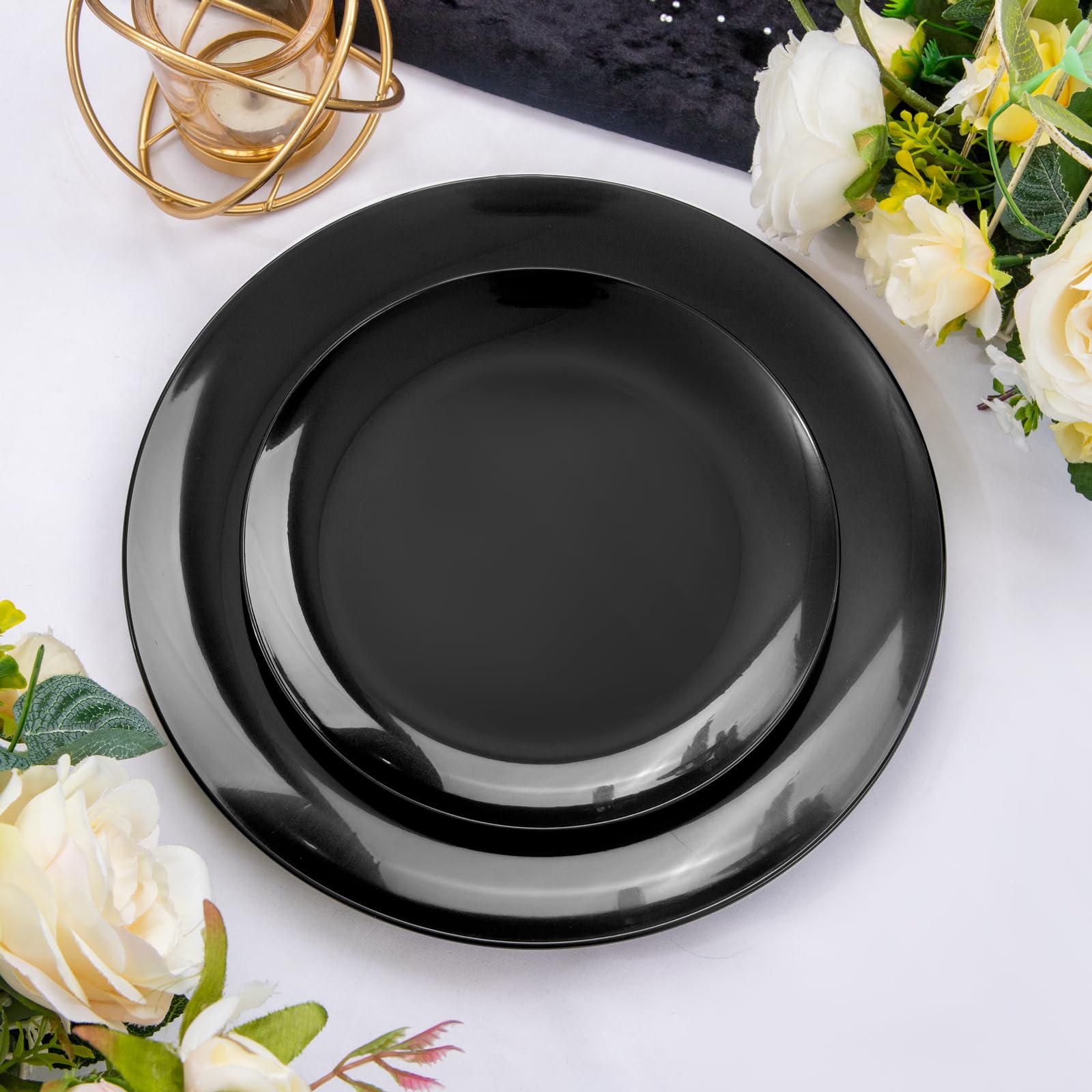 Pulote 100Pcs Black Plates Disposable - Premium Heavy Duty Black Plastic Plates - Include 50 Black Dinner Plates 10.25 Inch, 50