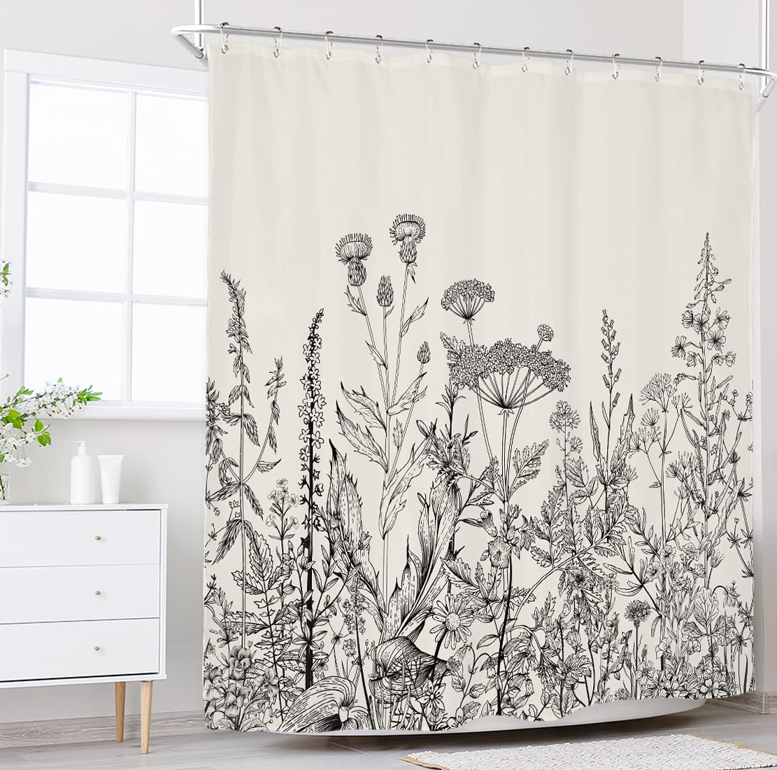 Riyidecor Wild Floral Shower Curtain Botanical Flower Plant Herbs Tulip Nature Blossom Wildflower Leaf Sketch Waterproof Fabric 72Wx72H Inch Polyester Bathroom Bathtub Decoration 12 Pack Plastic Hooks