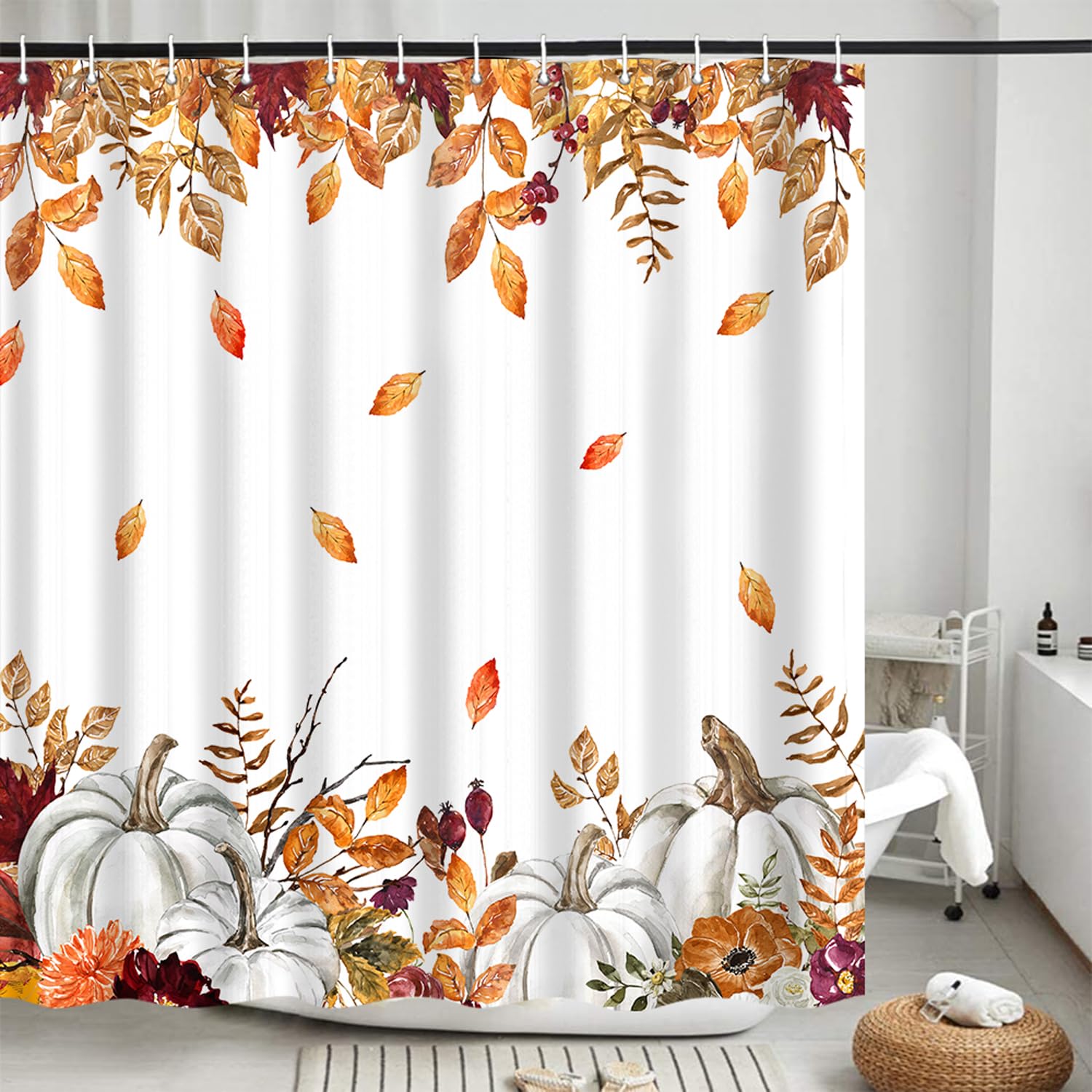 Itapnoom Fall Pumpkins Maple Leaf Shower Curtain, Autumn Leaves Harvest Thanksgiving Farmhouse Watercolor Seasonal Bathroom Curt