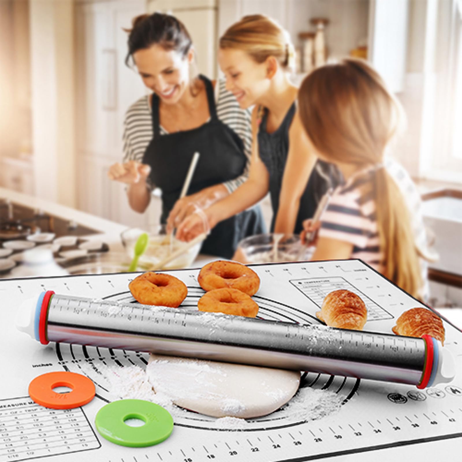 Rolling Pins, Stainless Steel Dough Roller, Rolling Pin And Silicone Baking Pastry Mat Set, Adjustable Rolling Pin With Thicknes