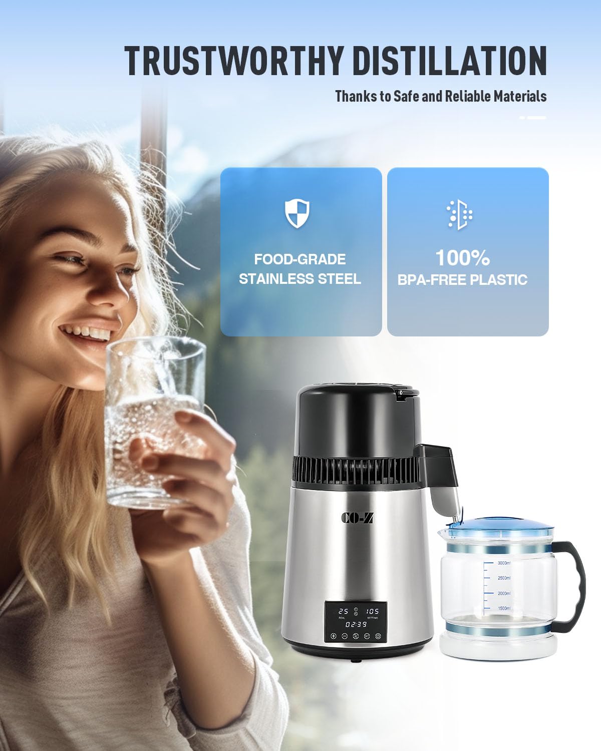 Co-Z 1.1 Gallon Water Distiller, 1750W Countertop Distilled Water Machine With Glass Container Dual Temperature Display Timer, 4