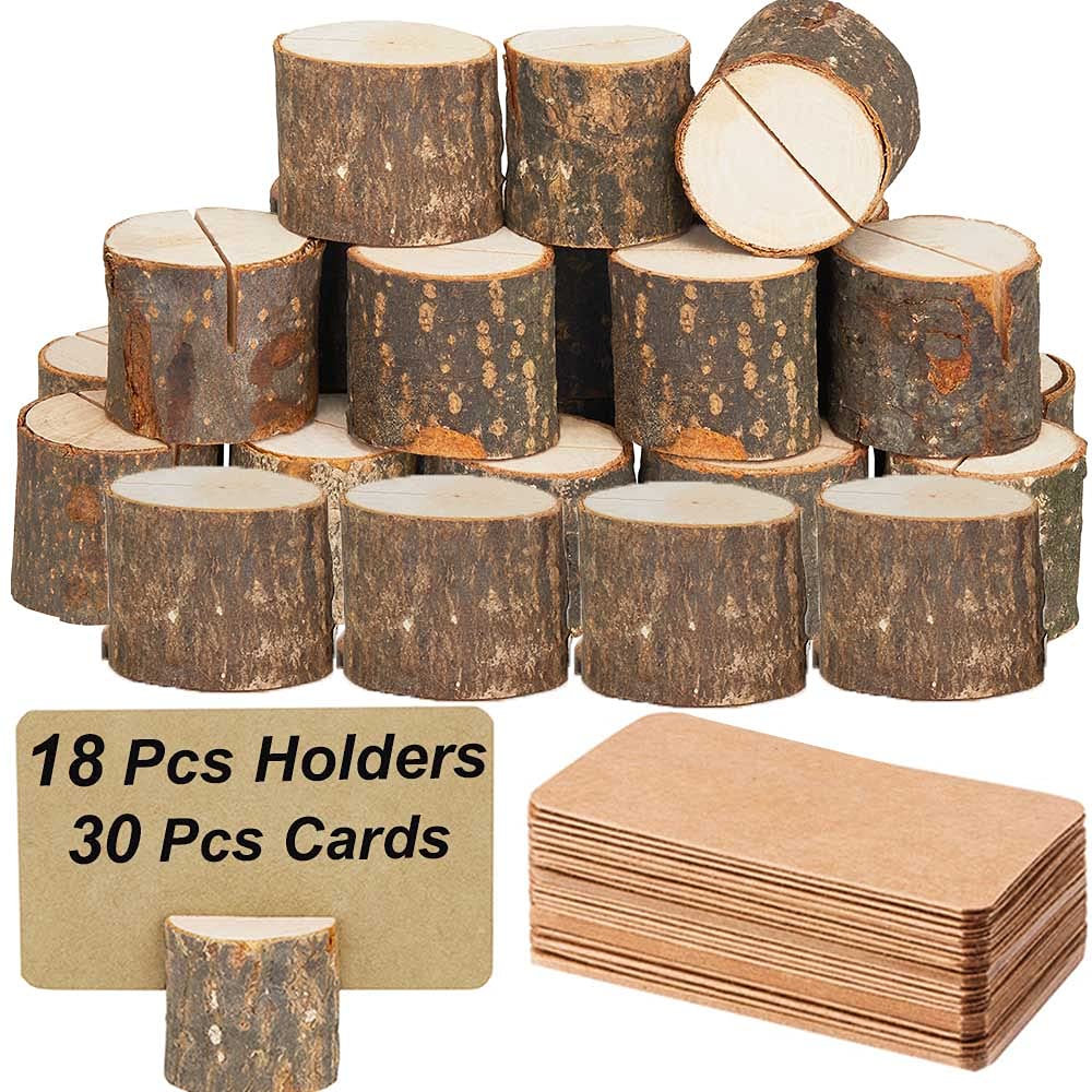 Toncoo 18Pcs Premium Wood Place Card Holders And 30Pcs Kraft Table Place Cards, Rustic Table Number Holders, Wood Photo Holders,