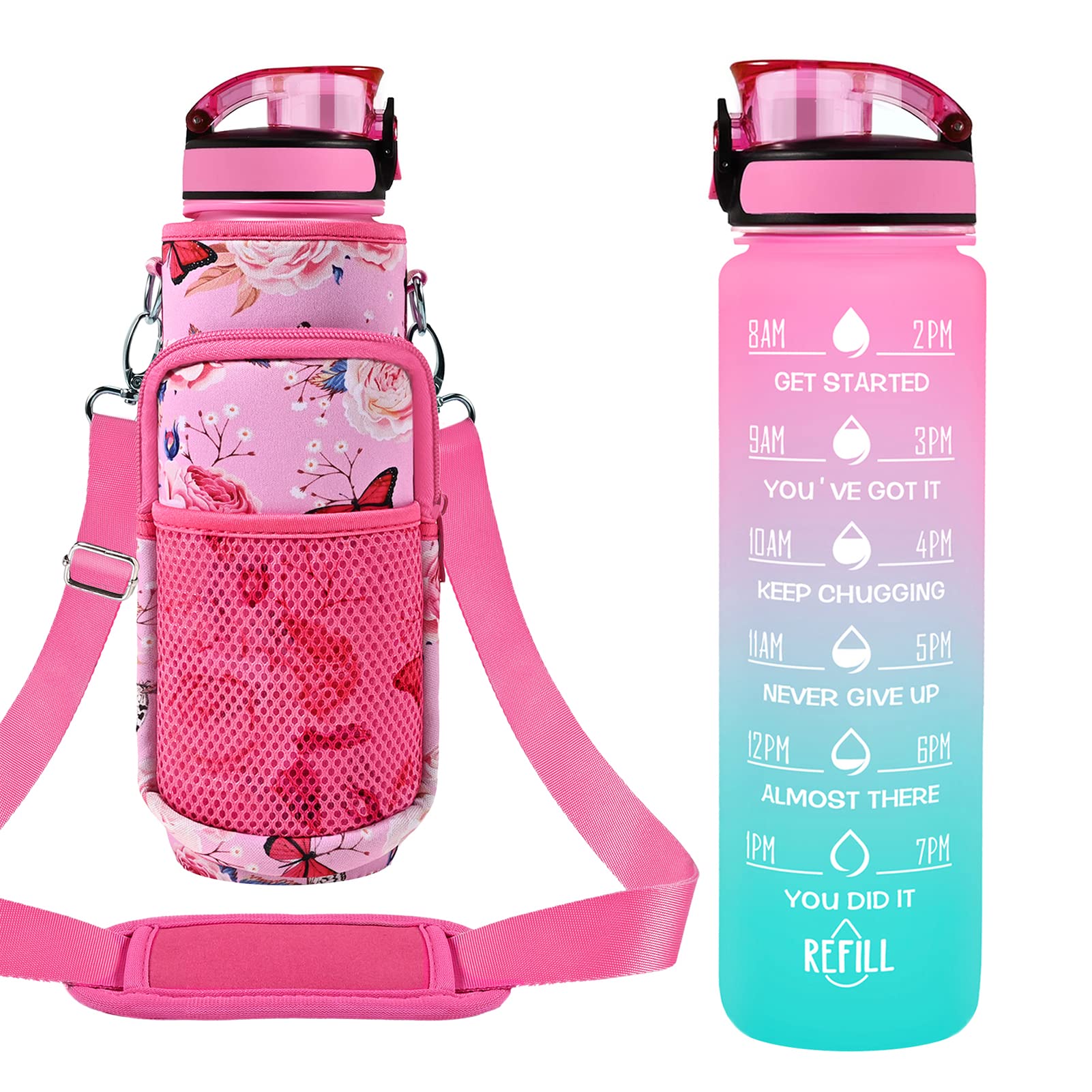 Newfad 32 Oz Water Bottles With Straw & Strap, Motivational Water Bottles With Times To Drink, Bpa Free Reusable Sports Water Bo