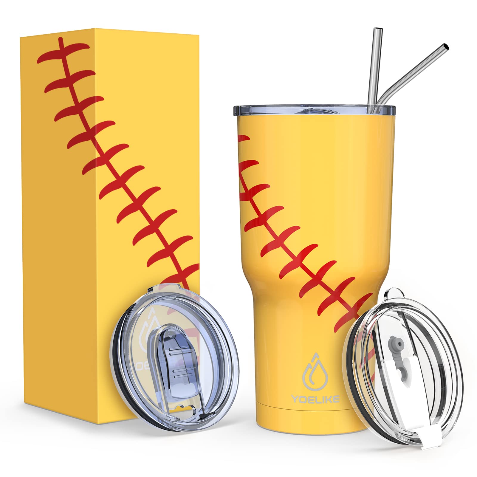 Yoelike Softball Tumbler 30 Oz Stainless Steel Double Wall Vacuum Insulated Cup With Straws, Splash Proof Lids, Straw Clean Brus