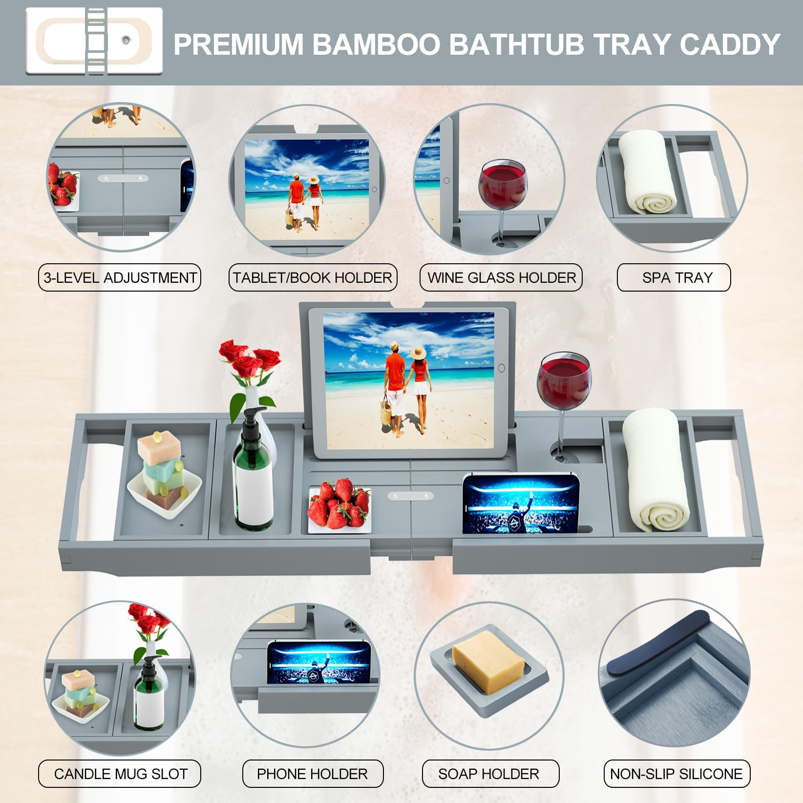 Premium Bamboo Bathtub Caddy Tray - Bath Tray - Bath Tub Tray Table For Bathtub - Bath Caddy Tray For Bathtub, Expandable Size,