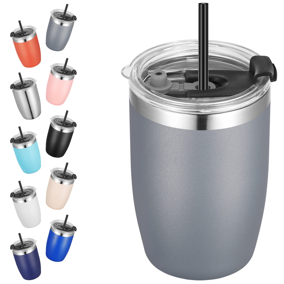 Vegond Stainless Steel 12 Oz Tumblers Bulk Vacuum Insulated Double Wall Travel Tumbler With Lid And Straw Reusable Tumbler, Grey
