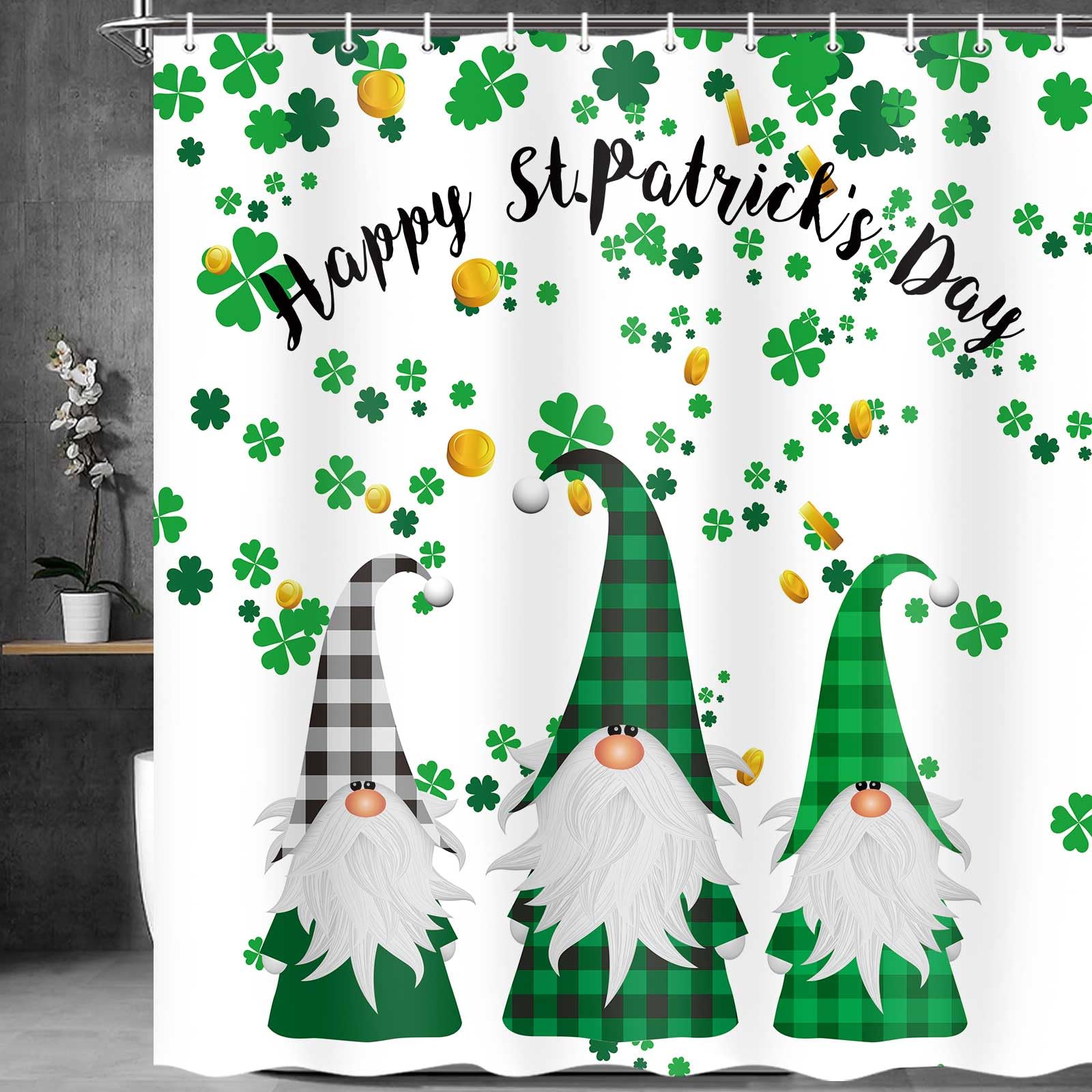 Merchr Happy St Patricks Day Shower Curtain, Green Clover Shamrock Leaf Irish Gnome Elf Design, Buffalo Check Plaid Decor Cloth