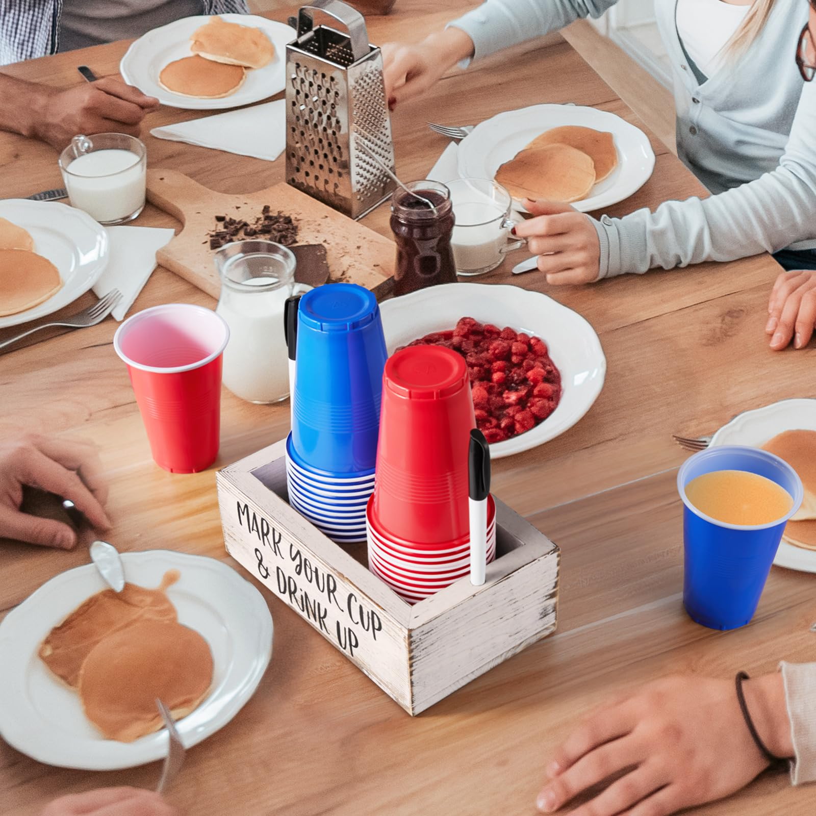 Drastar Double Disposable Cup Holder With Marker Slot, Retro White Wood Cup Organizer, Mark Your Cup And Drink Up Caddy, Plastic