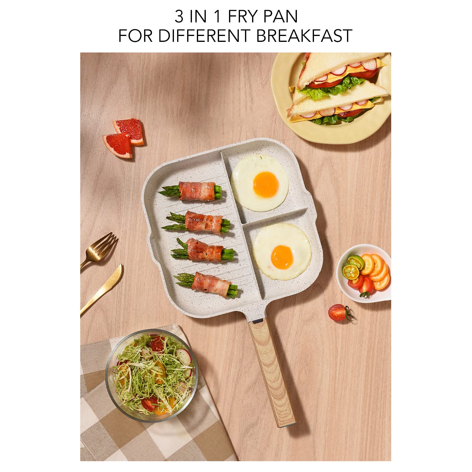 Zerodis 3 In 1 Frying Pan, Aluminum Alloy Partitioned Non Stick 3 Section Divided Breakfast Pan Grill Pan Partitioned Multifunct