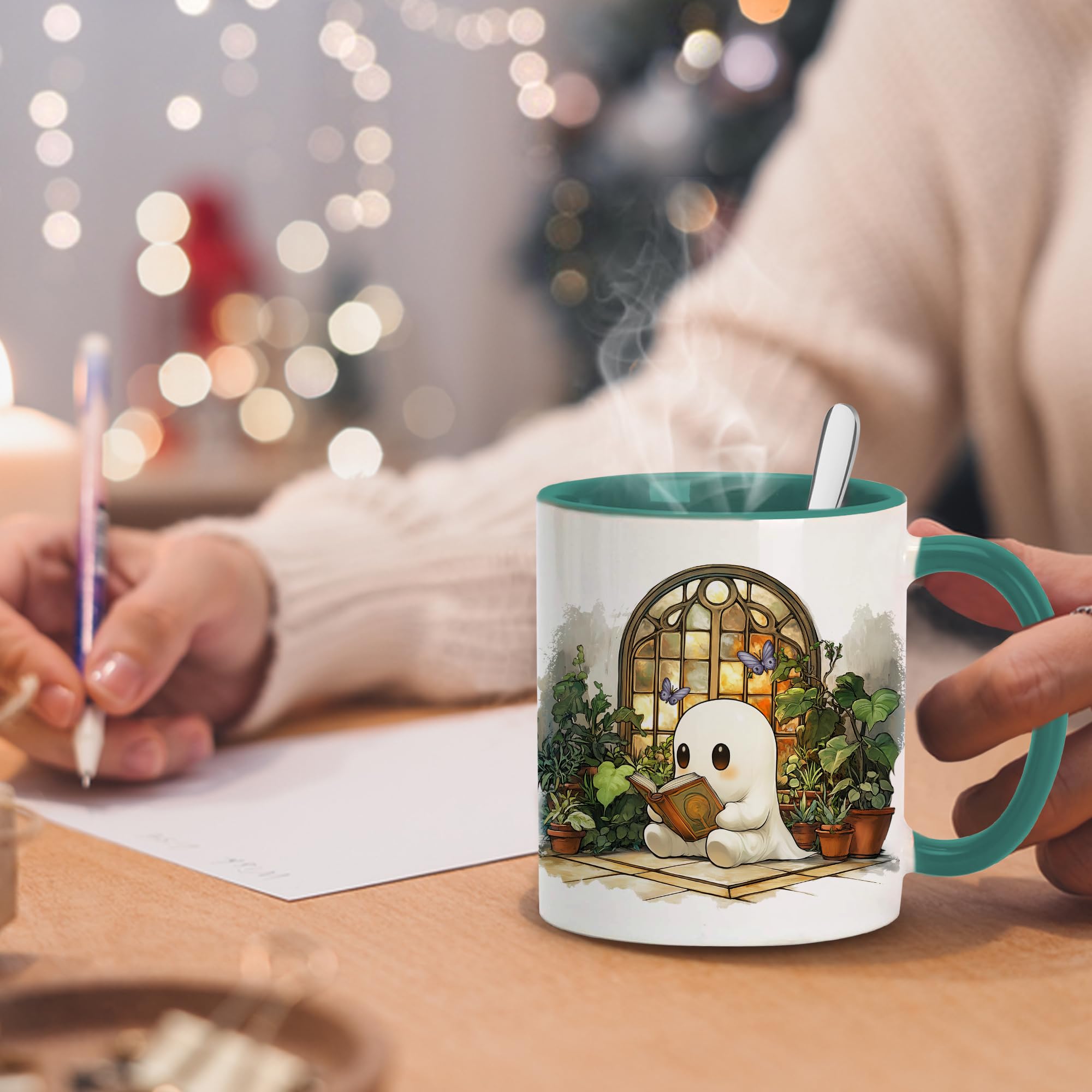 Hyturtle Cute Ghost Reading Coffee Mug with Spoon Gifts For Book Lovers, Plant Lovers On Birthday Christmas, Reading Cup Gifts F