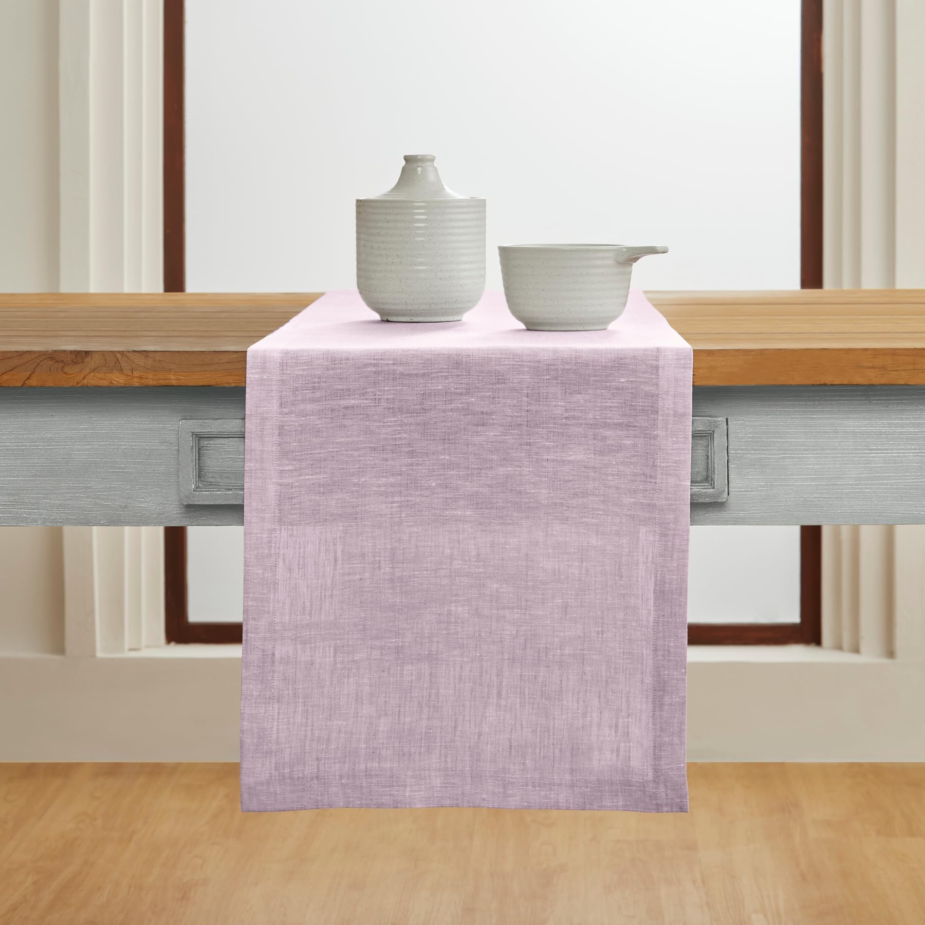 Solino Home Linen Short Table Runner 60 Inches - Athena, 100% Pure Linen Chambray Lavender Table Runner 14 x 60 Inch Ideal for D