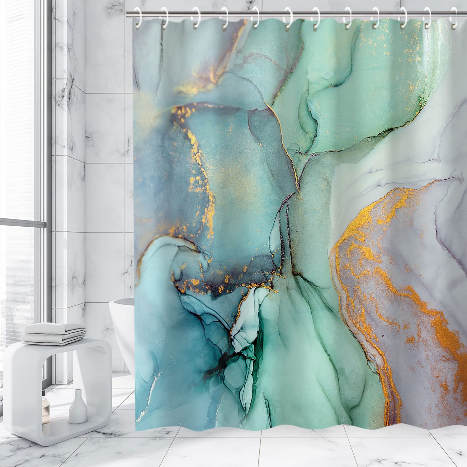 RosieLily Green Shower Curtain  Marble Shower Curtains Set with 12 Hooks  Green Marble Shower Curtain  Blue Gray Shower Curtain for Bathroom  Green Abstract Waterproof Bathroom Curtain  72Wx72H