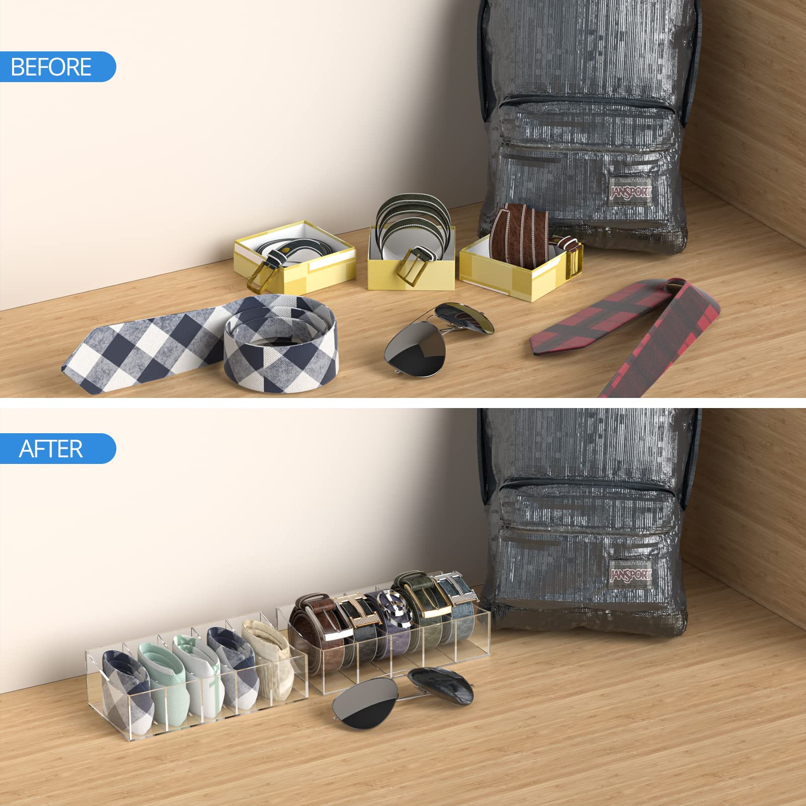 Kdsksc Belt Organizer, Acrylic Belt Storage Holder For The Closet And Drawer, 5 Compartments Belt Container Clear Display Case F