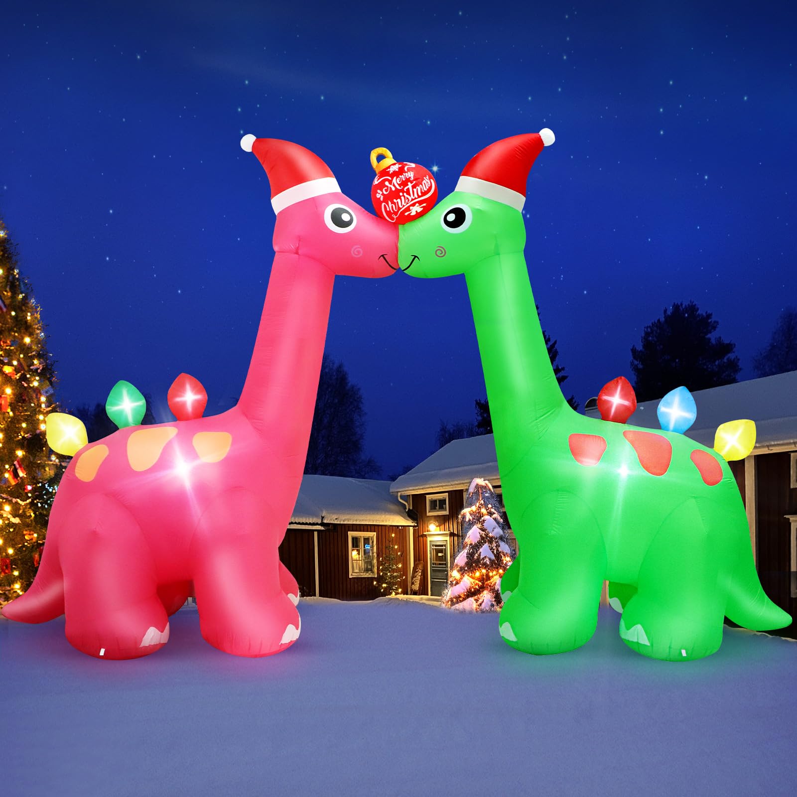 FunFanso 14 FT Long Christmas Inflatable Decoration Two Dinosaurs Archway with Xmas Ball, Giant Blow up Dinosaurs with Powerful 