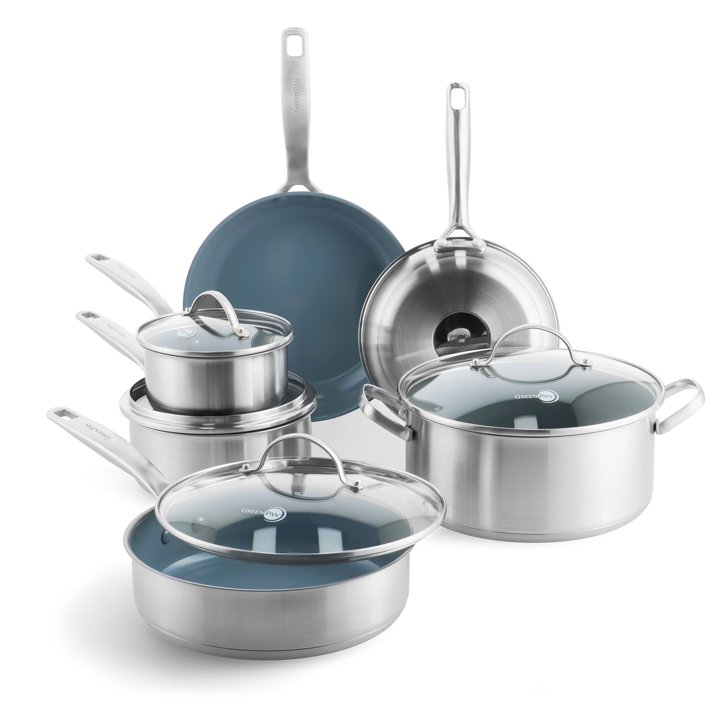 GreenPan Treviso 10 Piece Cookware Set, Non-Toxic PFAS-Free Stainless Steel Ceramic Nonstick Coating, Induction Suitable, Pots, 