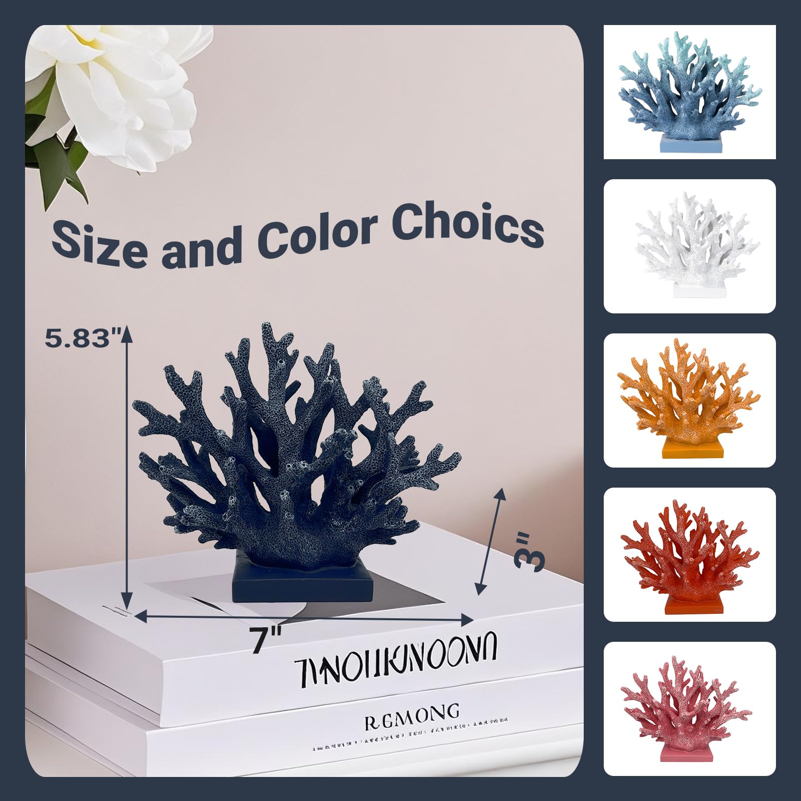 Elegondrar 5.8 H Dark Blue Coral Decor - Resin Coral Statue, Nautical Decor for Home, Bedroom, Bathroom, Living Room, Ocean Them
