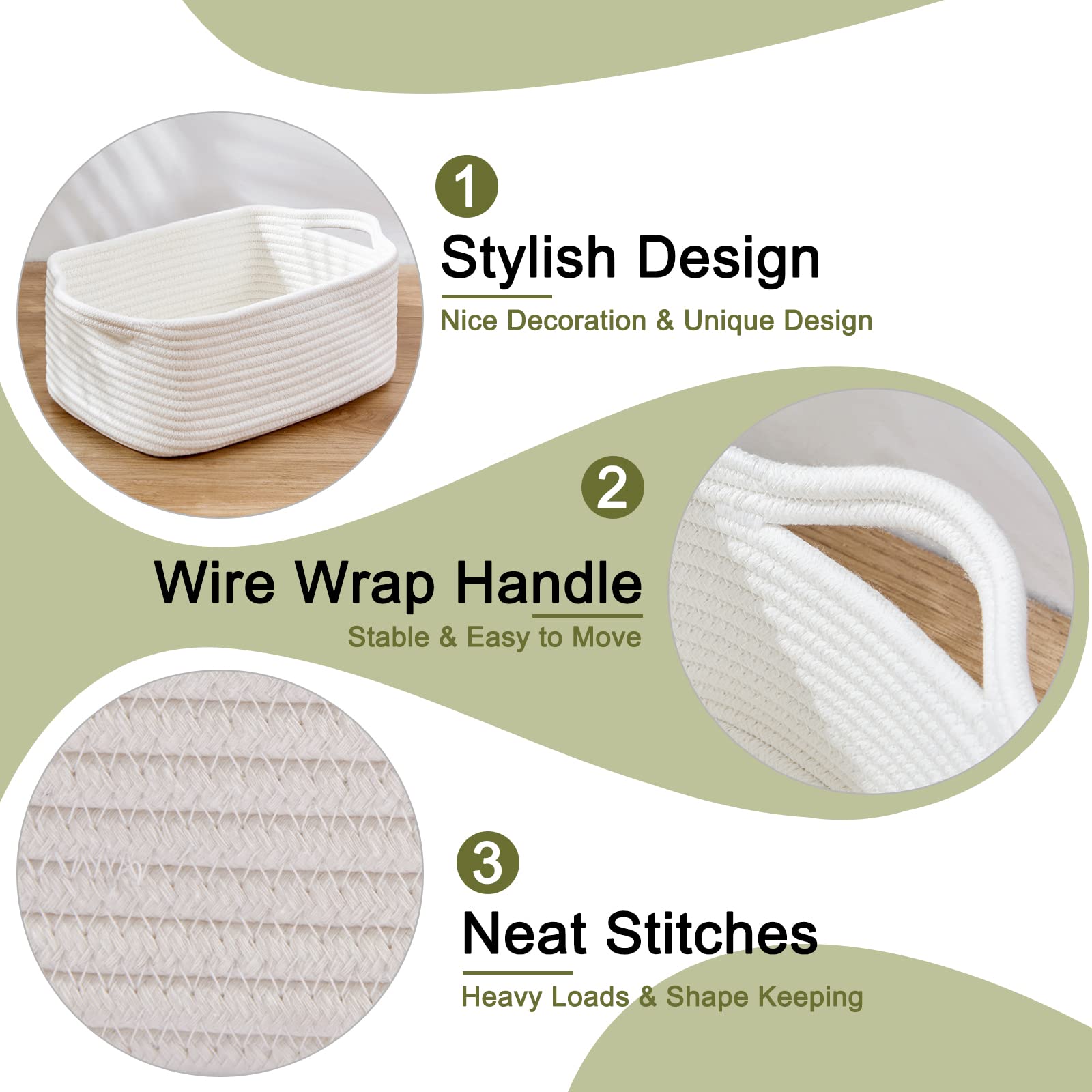 OIAHOMY Cotton Rope Storage Baskets - Set of 3, Pure and White, Decorative Organizing Bins for Closet and Nursery Decor