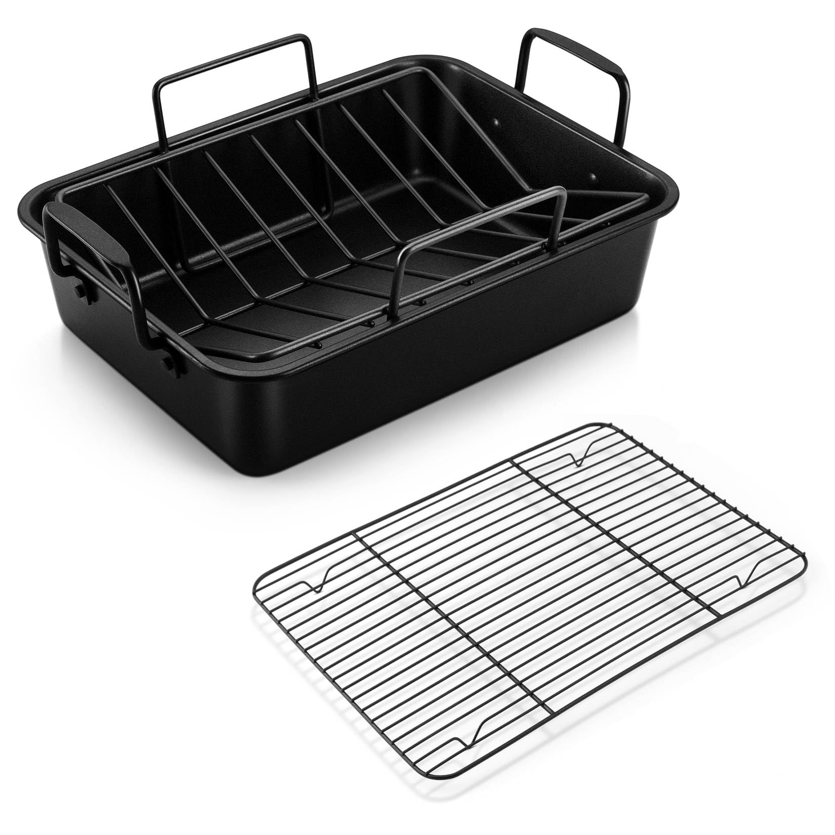 14 Inch Roasting Pan With Rack Set, P&P Chef Turkey Roaster Pan & V-Shape Baking Rack & Cooling Rack For Chicken Vegetable Lasag