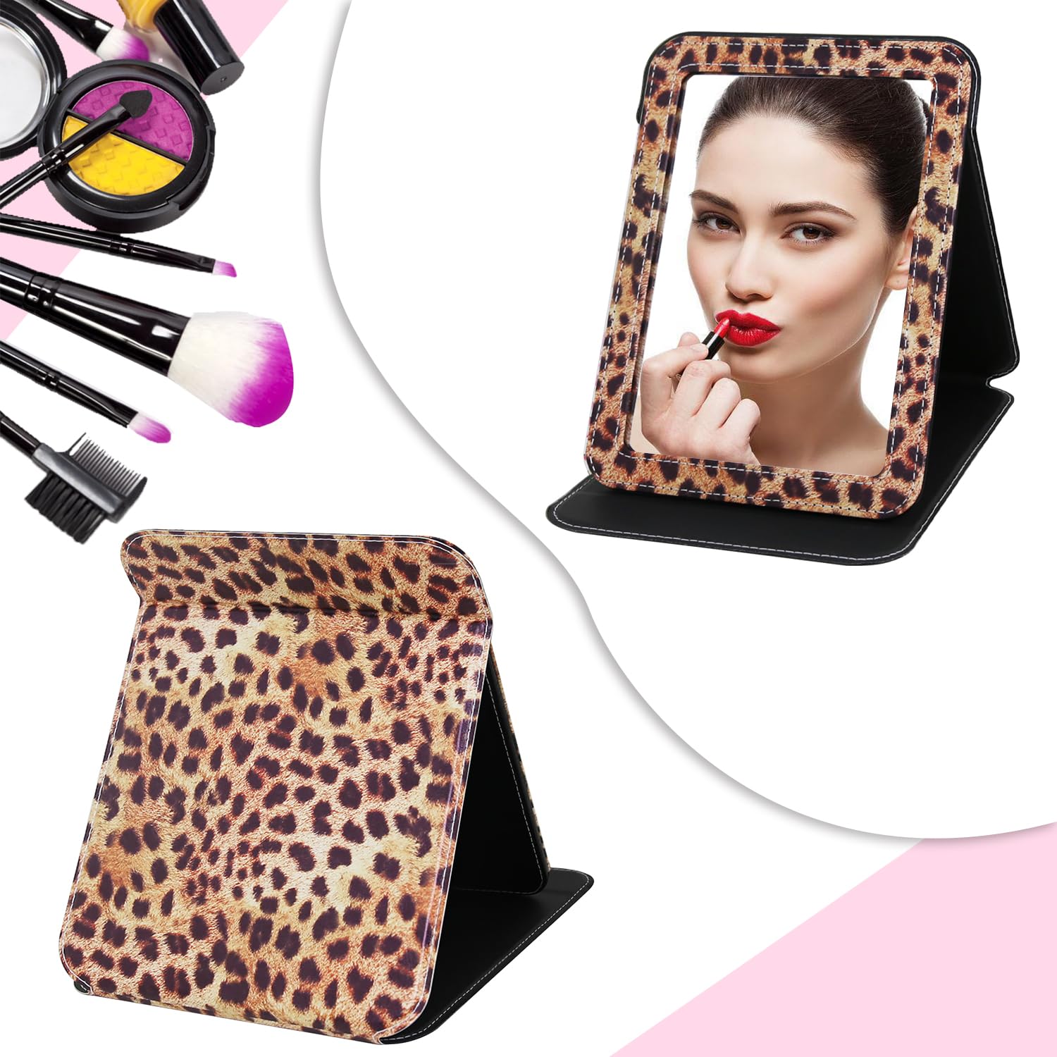 Glintz Makeup Mirror, 6.5X8.9 Inches Portable Pu Leather Mirror, Folding Desktop Vanity Mirror With Adjustable Stand For Vanity