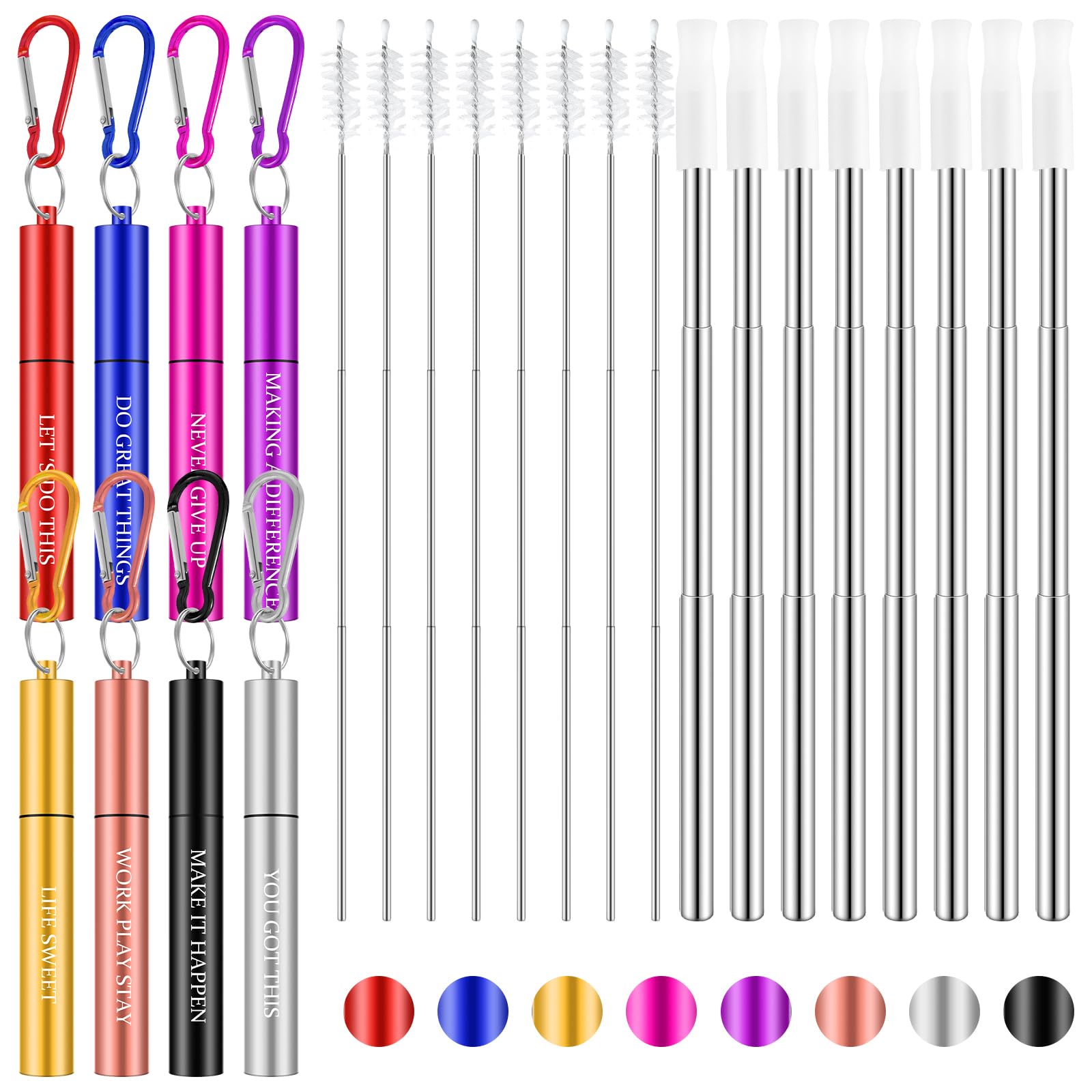 Zubebe 8 Pack Reusable Metal Collapsible Travel Straws Portable Stainless Steel Drinking Foldable Cruise Straw with Silicone Tip