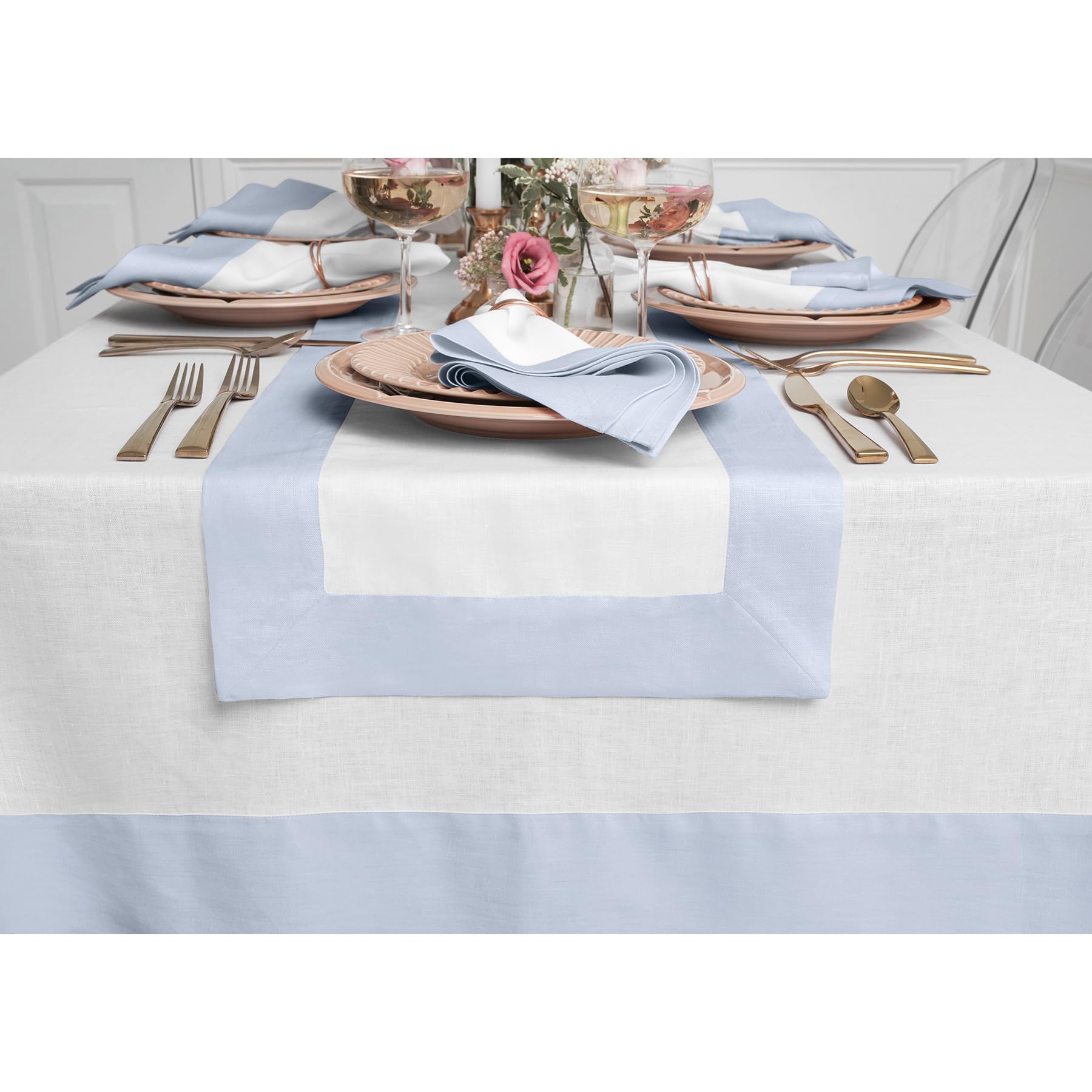 Solino Home Light Blue And White Linen Tablecloth 90'' L X 60'' W Inch - 100% Pure Linen Table Cloth For Rectangle Tables - Cont