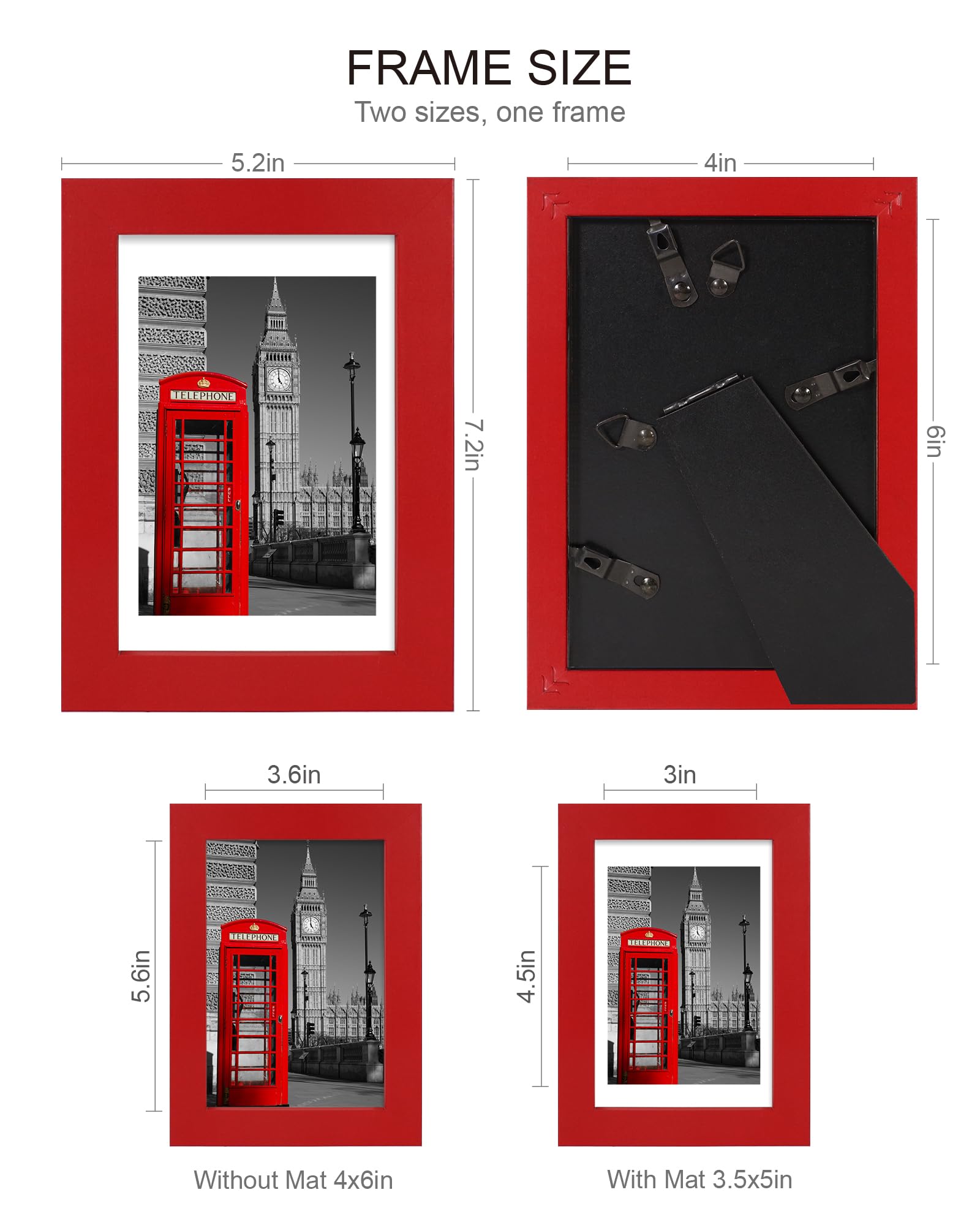 Hongkee 4x6 Picture Frame (4 Pack, Red), Made of Real Glass and Wooden Frame - Display Pictures 3.5x5 with Mat or 4x6 Without Ma