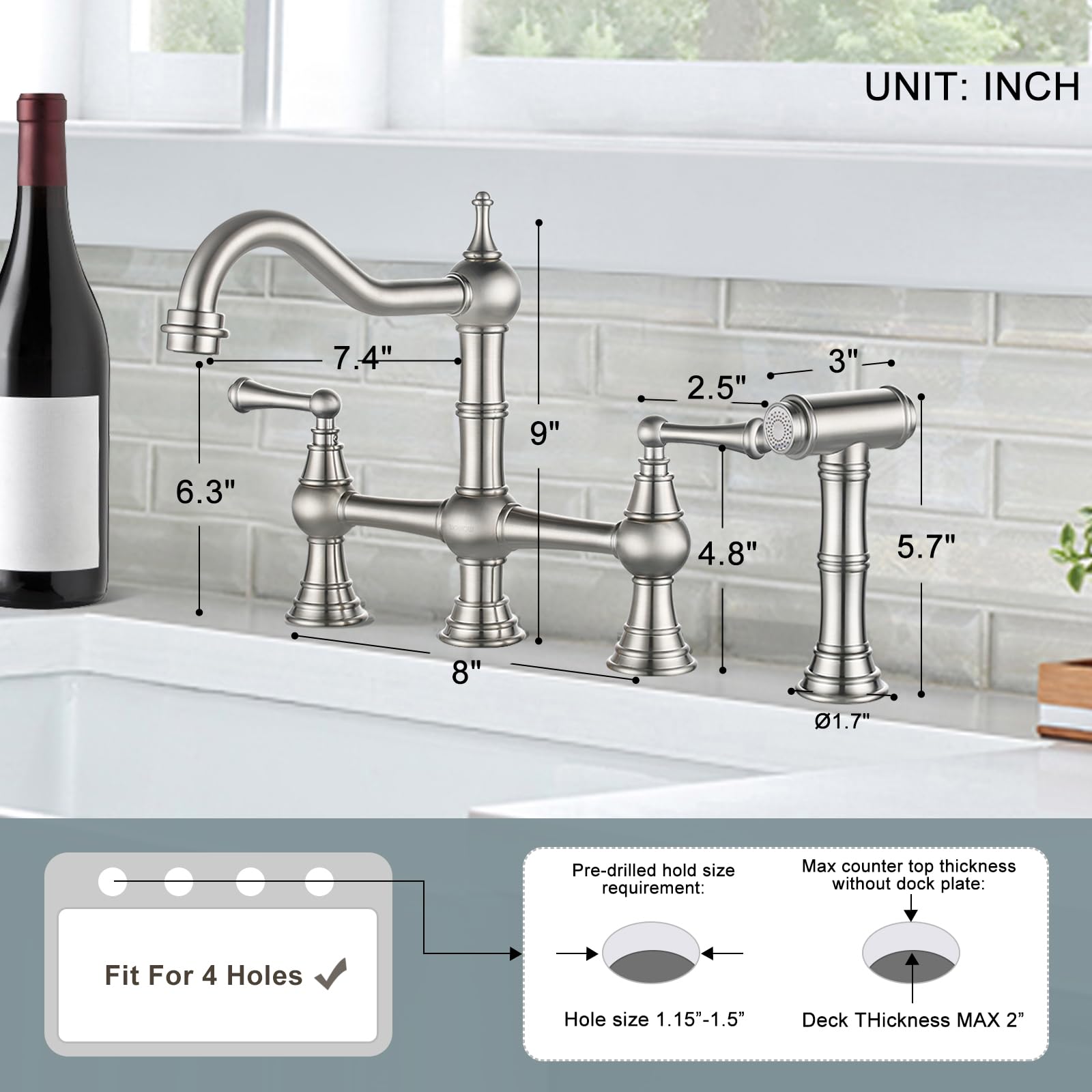 WOWOW 8 inch Centerset Bridge Kitchen Faucet with Brass Side Sprayer 2 Handles 4 Holes Antique Classic Heritage Deck-Mount Kitchen Sink Faucet  Brushed Nickel