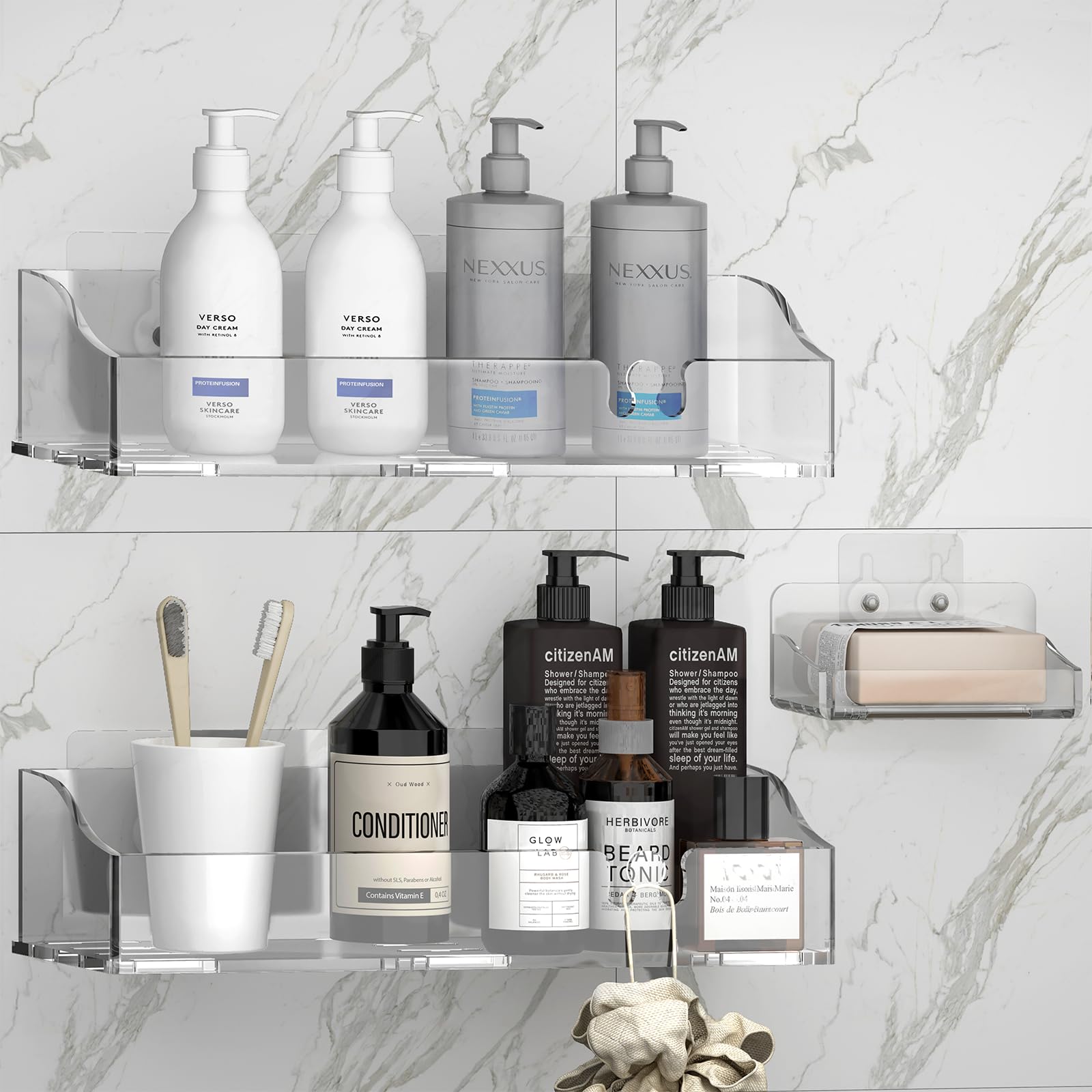 Yawsoup Acrylic Shower Shelves 3 Pack,Adhesive Shower Organizer For Bathroom Storage Home Decor,No Drilling,Transparent Organize