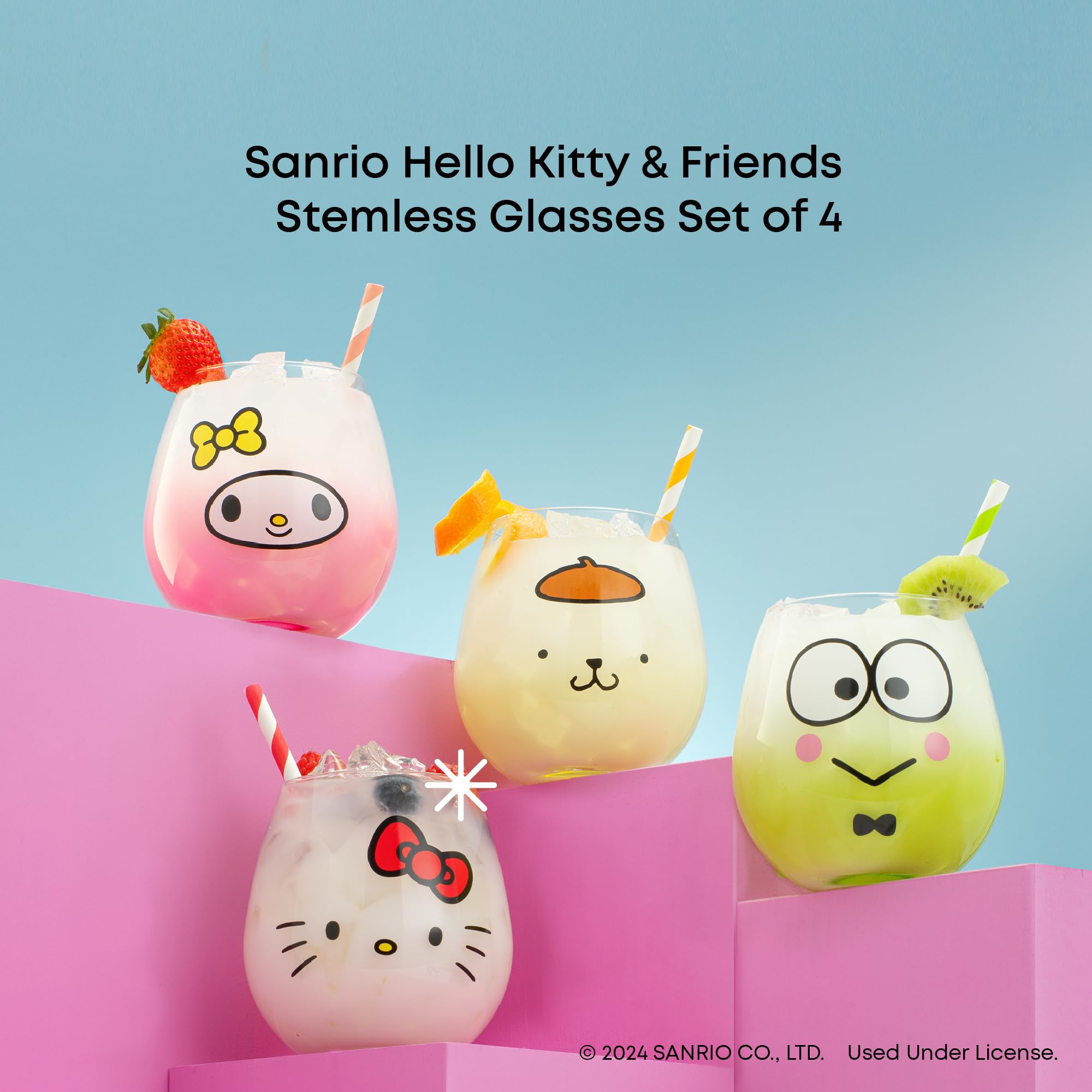 Joyjolt Sanrio Hello Kitty & Friends Hello Sippy Drinking Glasses, 15 Oz Stemless Glass Cups Set Of 4 Ft Hello Kitty Keroppi My