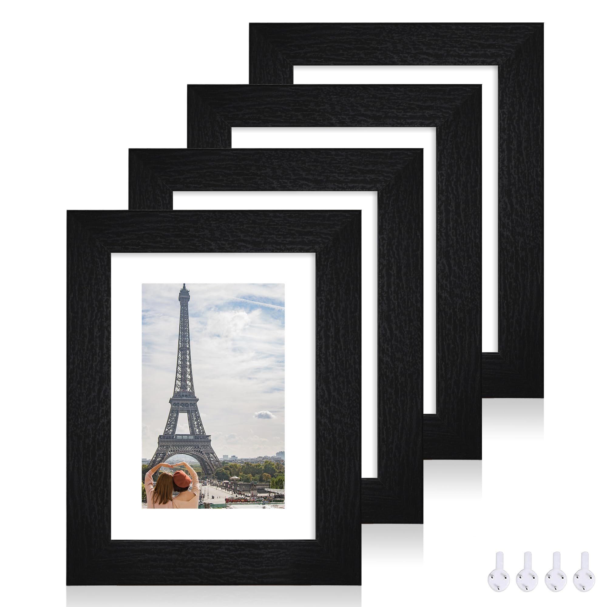Hongkee 5x7 Picture Frame Set of 4, Made of Real Glass and Rustic Black Wooden Frame, 5 by 7 Photo for Wall or Tabletop - Displa