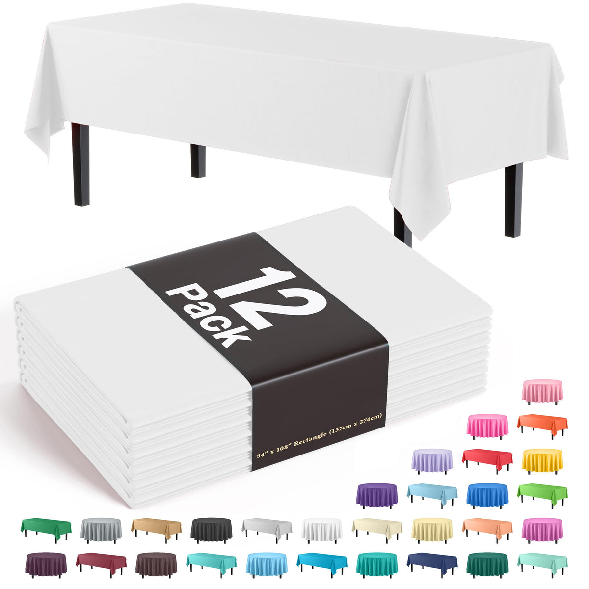 Exquisite 12-Pack Premium Plastic Tablecloth 54 Inch. X 108 Inch. Rectangle Table Cover-White
