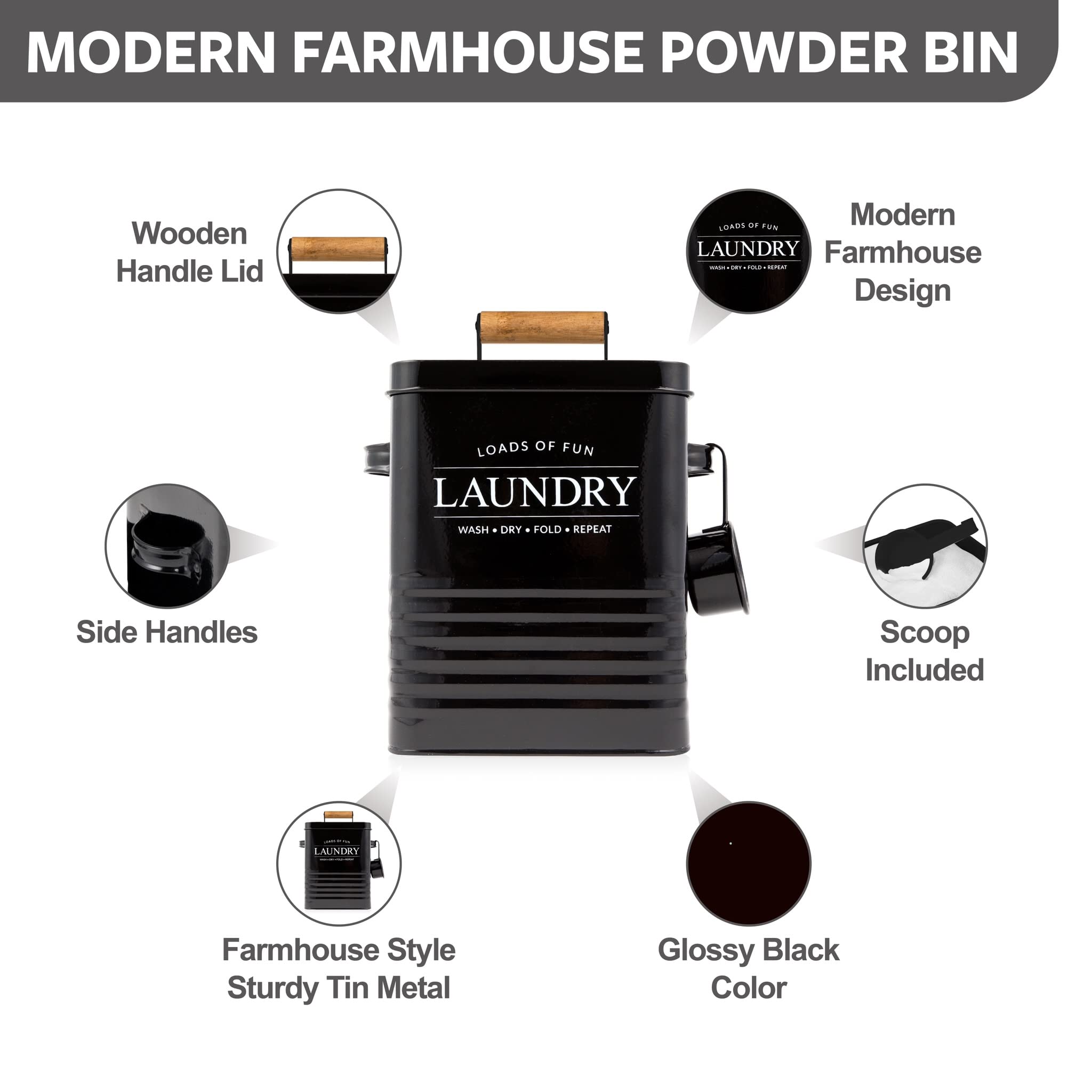 Calindiana Modern Farmhouse Metal Laundry Soap Dispenser Container Holder with Scoop for Laundry Room Decor and Space Saving Laundry Room Organization and Storage  Laundry Powder Container  Black