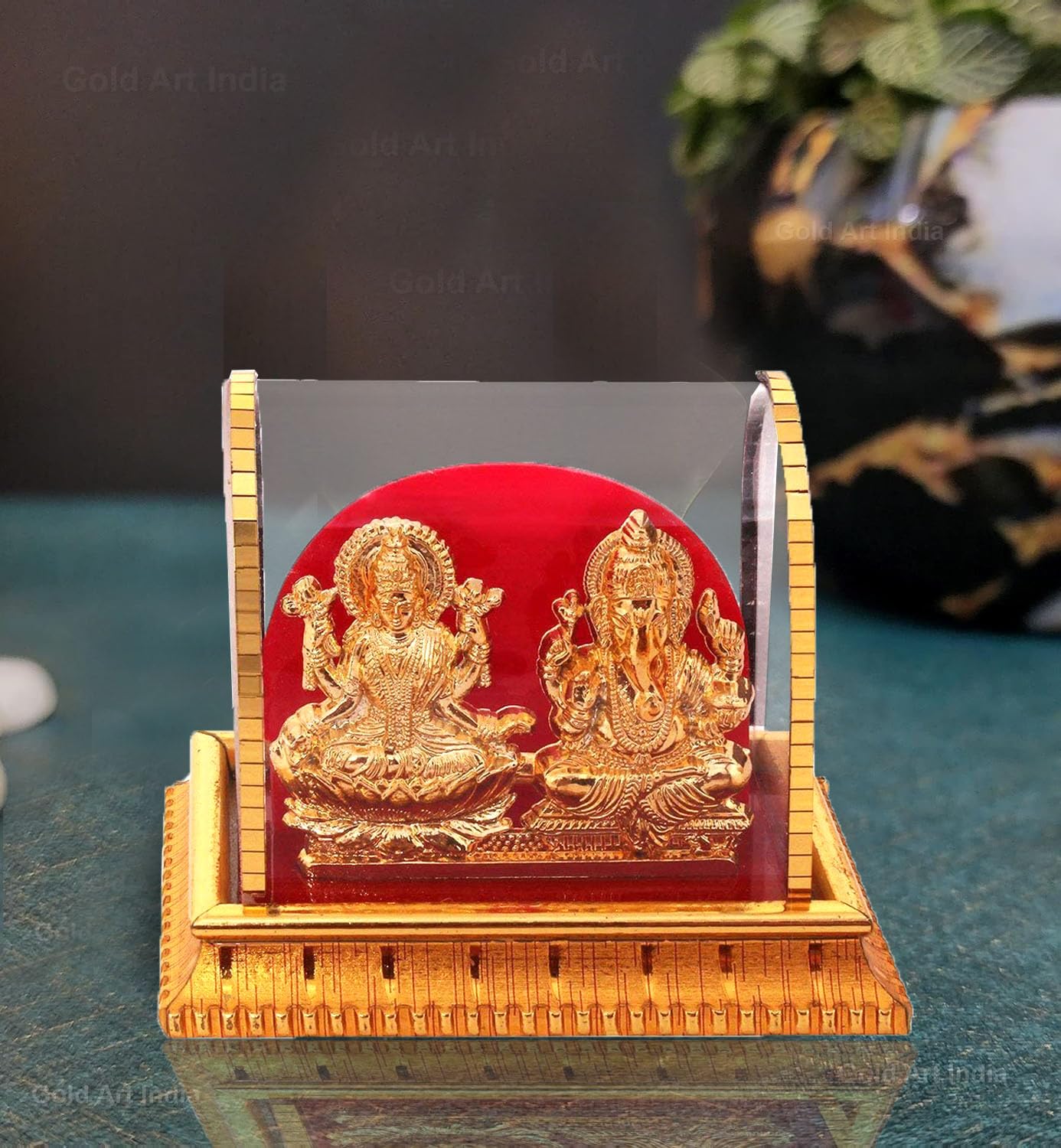 Gold Plated Laxmi Ganesh Idol For Home Decor Mandir Table Desktop Decoration/Sitting Lakshmi Ganesha Murti (8 Cm Height, 9 Cm Le