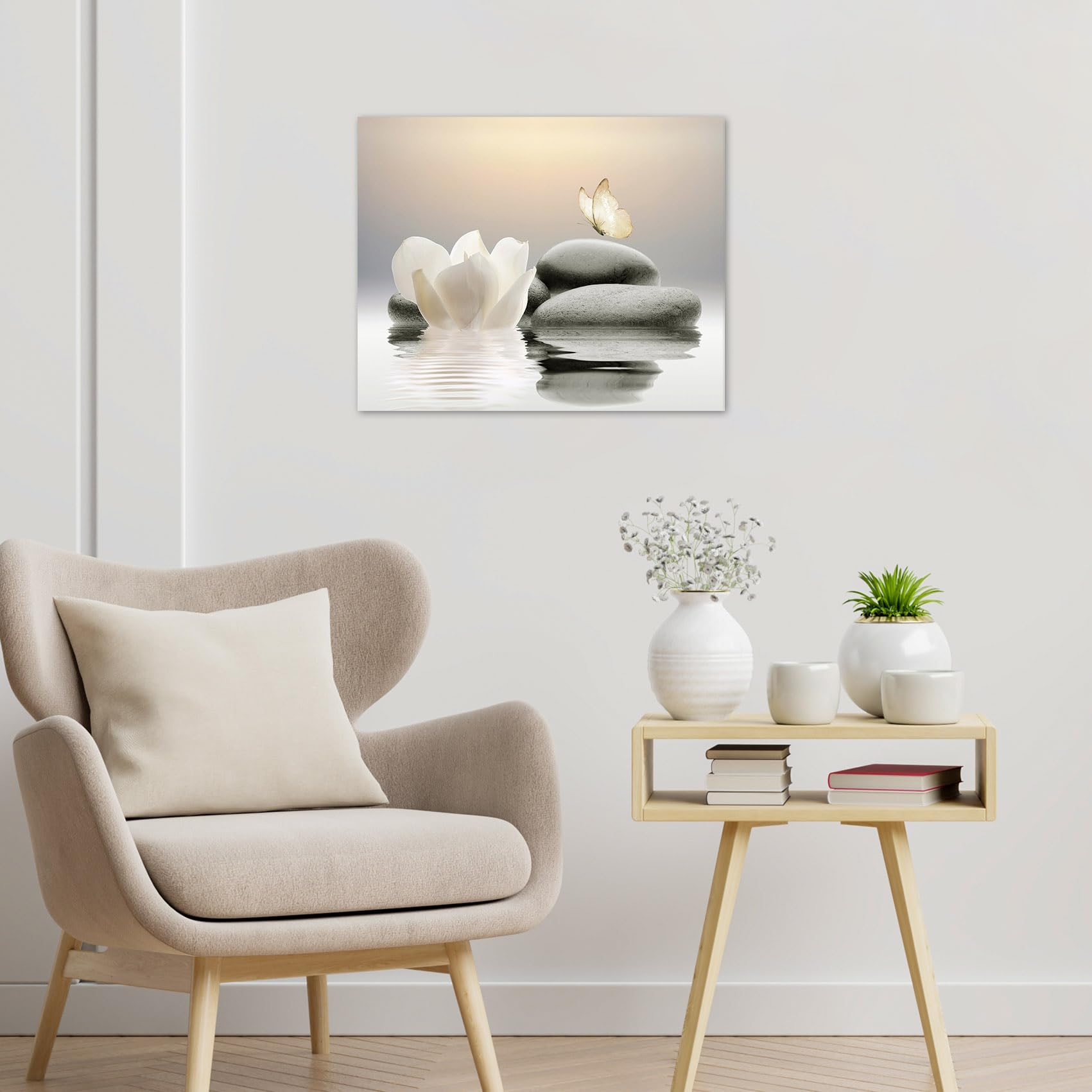 Eobtain Zen White Flower Canvas Wall Art Floral And Butterfly On Stone Modern Framed Picture Yoga Spa Spiritual Painting Artwork