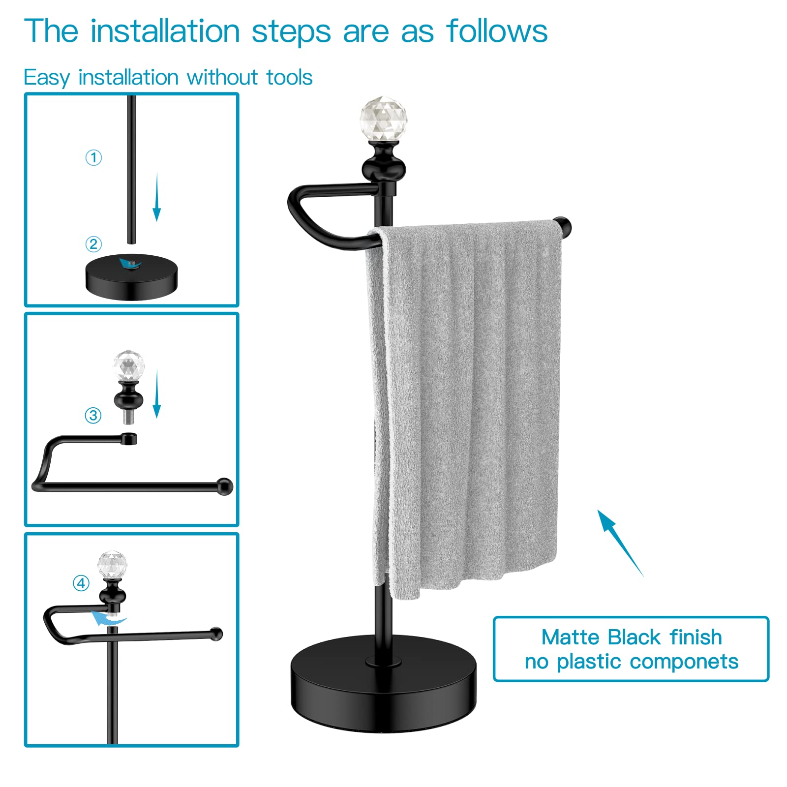 Rolabam Bath Hand Towel Holder Stand, 2 Pack Stainless Steel Black Towel Rack Hand Holder For Bathroom, Small Countertop Free St