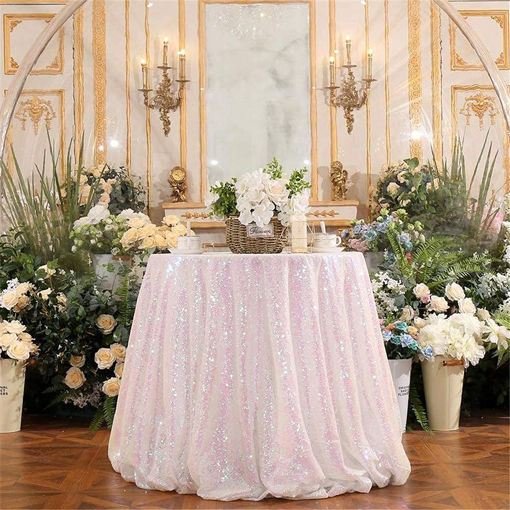 Jyflzq White Iridescent Sequin Tablecloth 90'' Round Sparkly Drape Table Cloths Table Cover Overlay For Wedding Birthday Party B